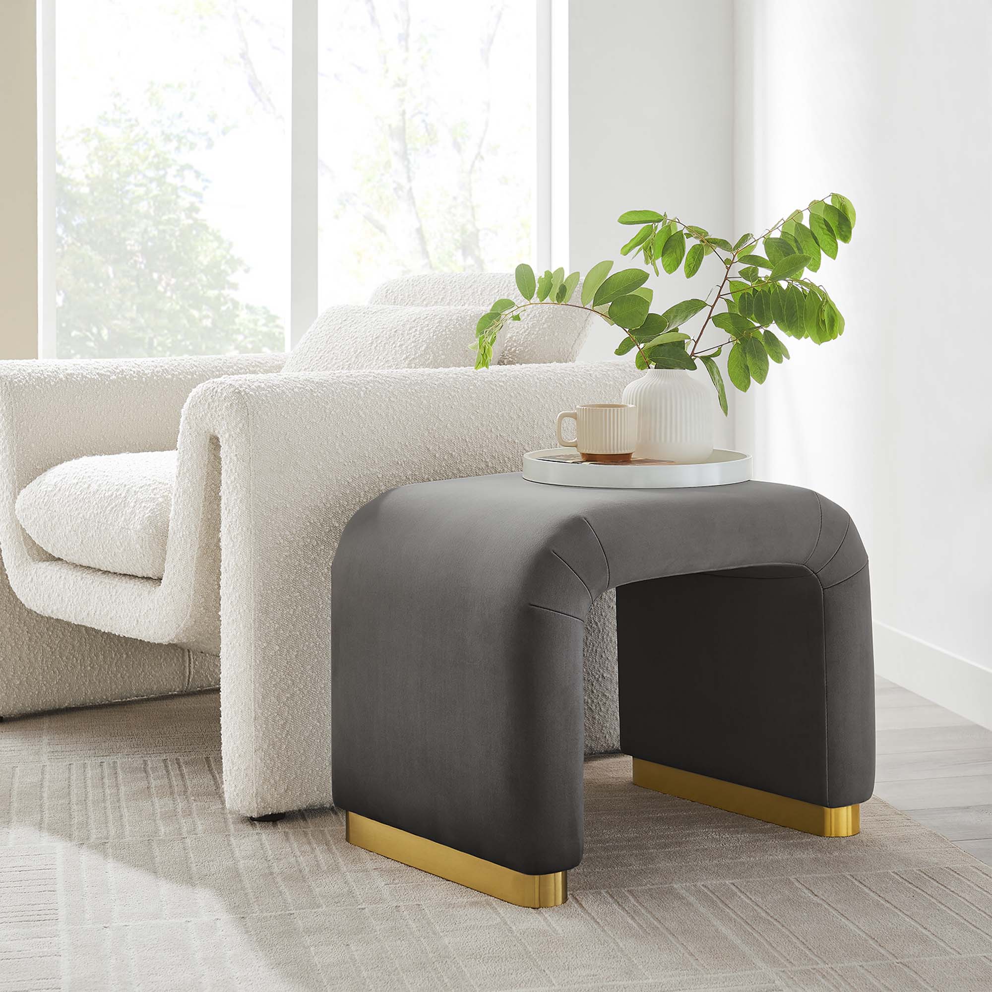 Koda Performance Velvet Waterfall Stool, Brass Storm Gray