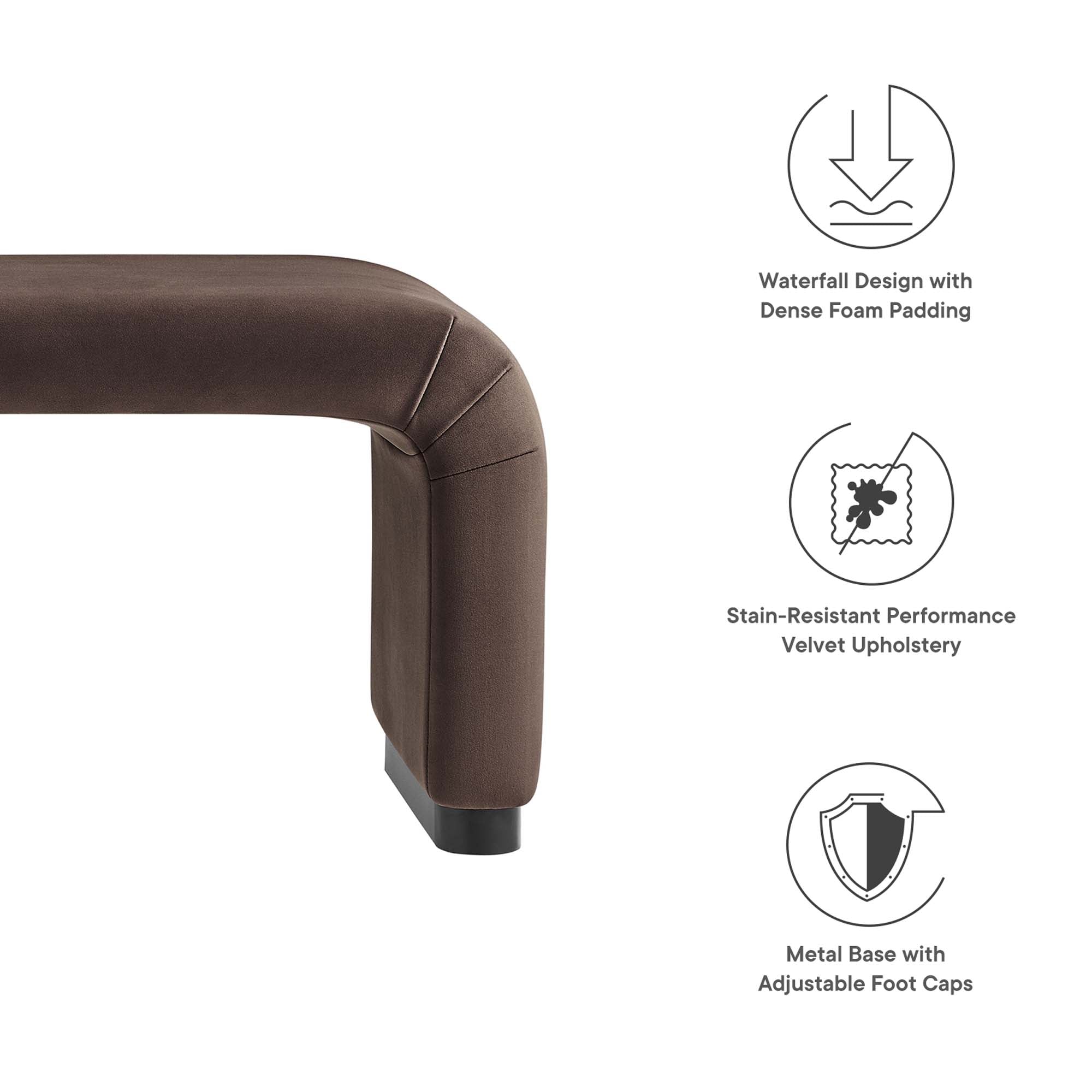 Koda Performance Velvet Waterfall Long Bench, Black Chocolate Brown