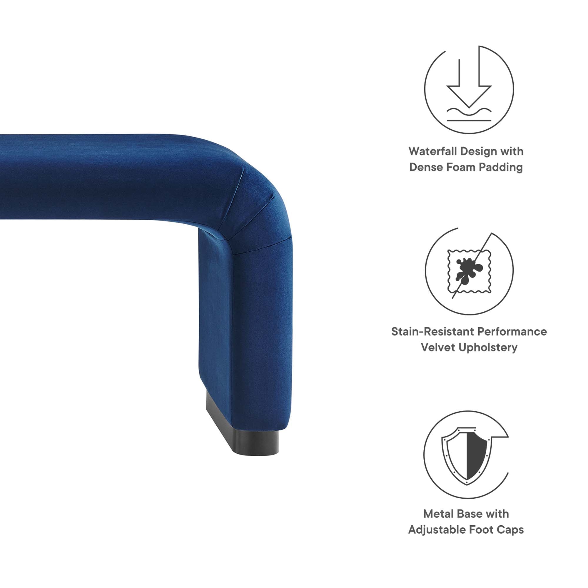 Koda Performance Velvet Waterfall Long Bench, Black Midnight Blue