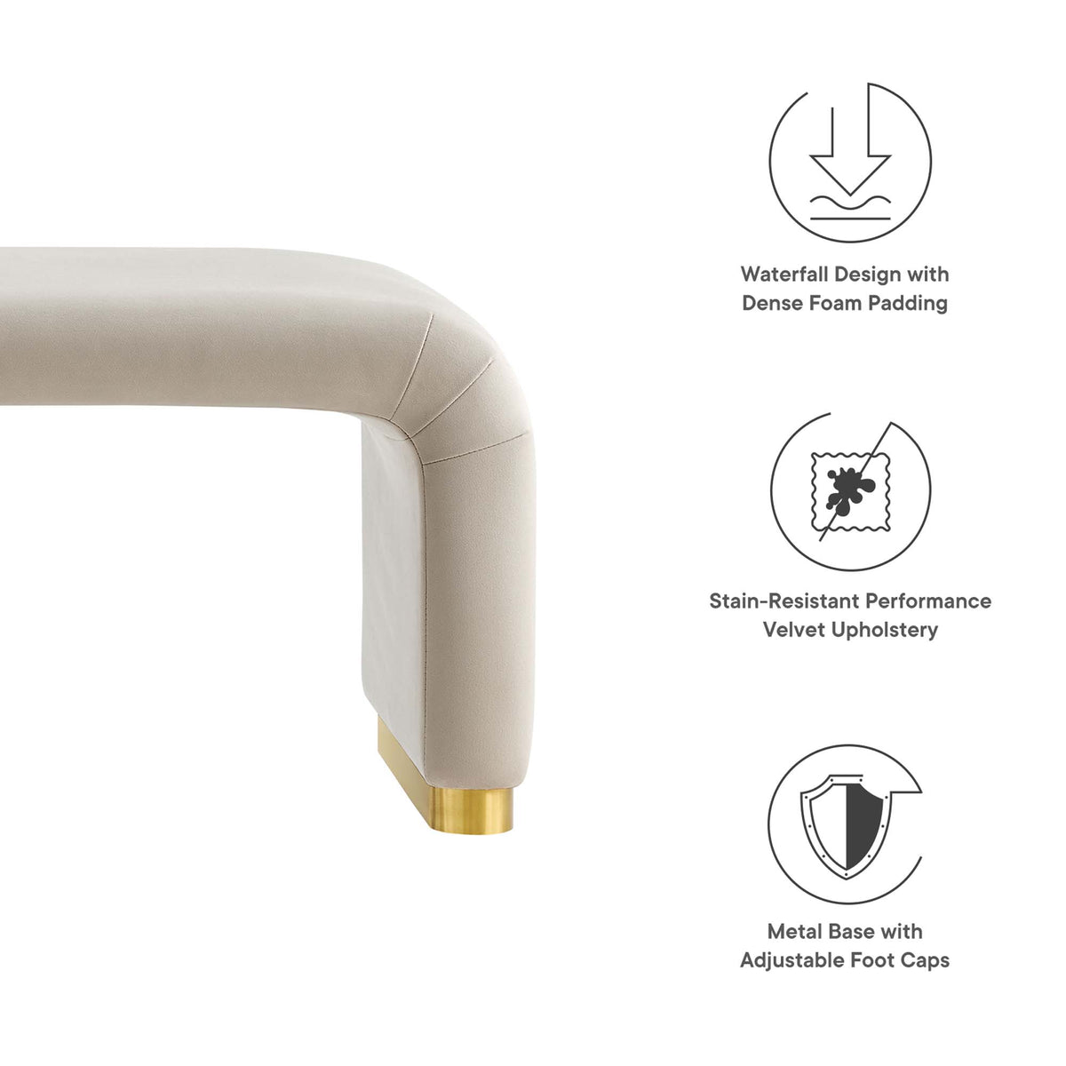 Koda Performance Velvet Waterfall Long Bench, Brass Almond