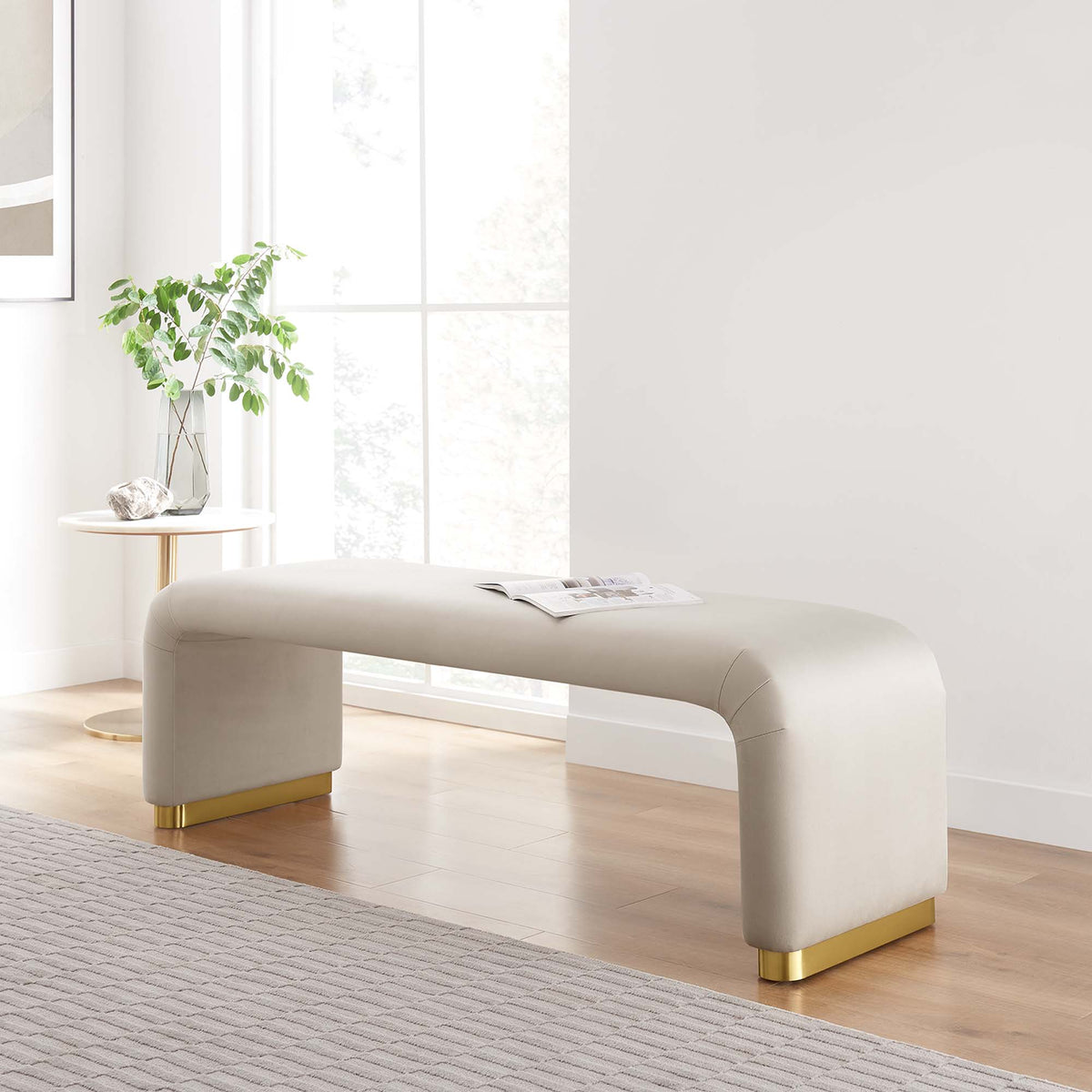 Koda Performance Velvet Waterfall Long Bench, Brass Almond