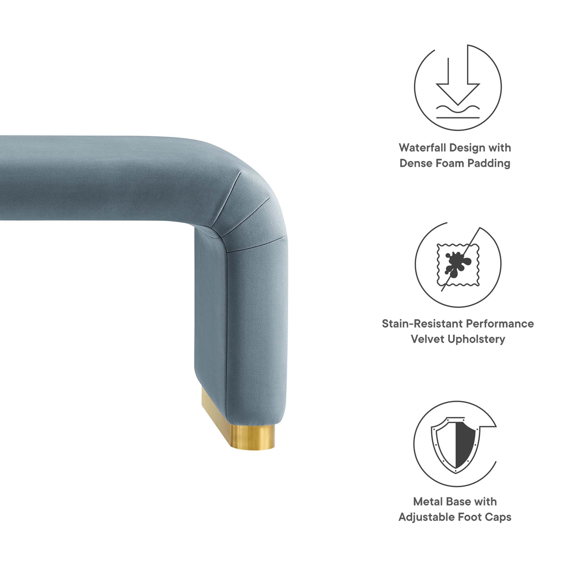 Koda Performance Velvet Waterfall Long Bench, Brass Cadet Blue