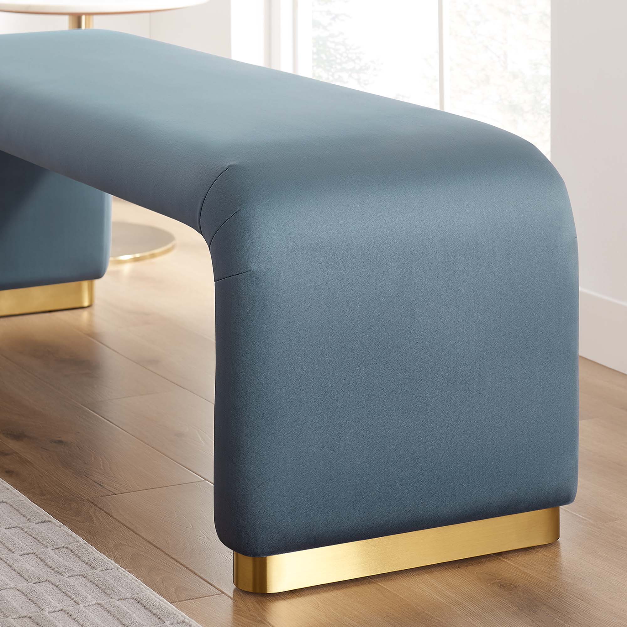 Koda Performance Velvet Waterfall Long Bench, Brass Cadet Blue