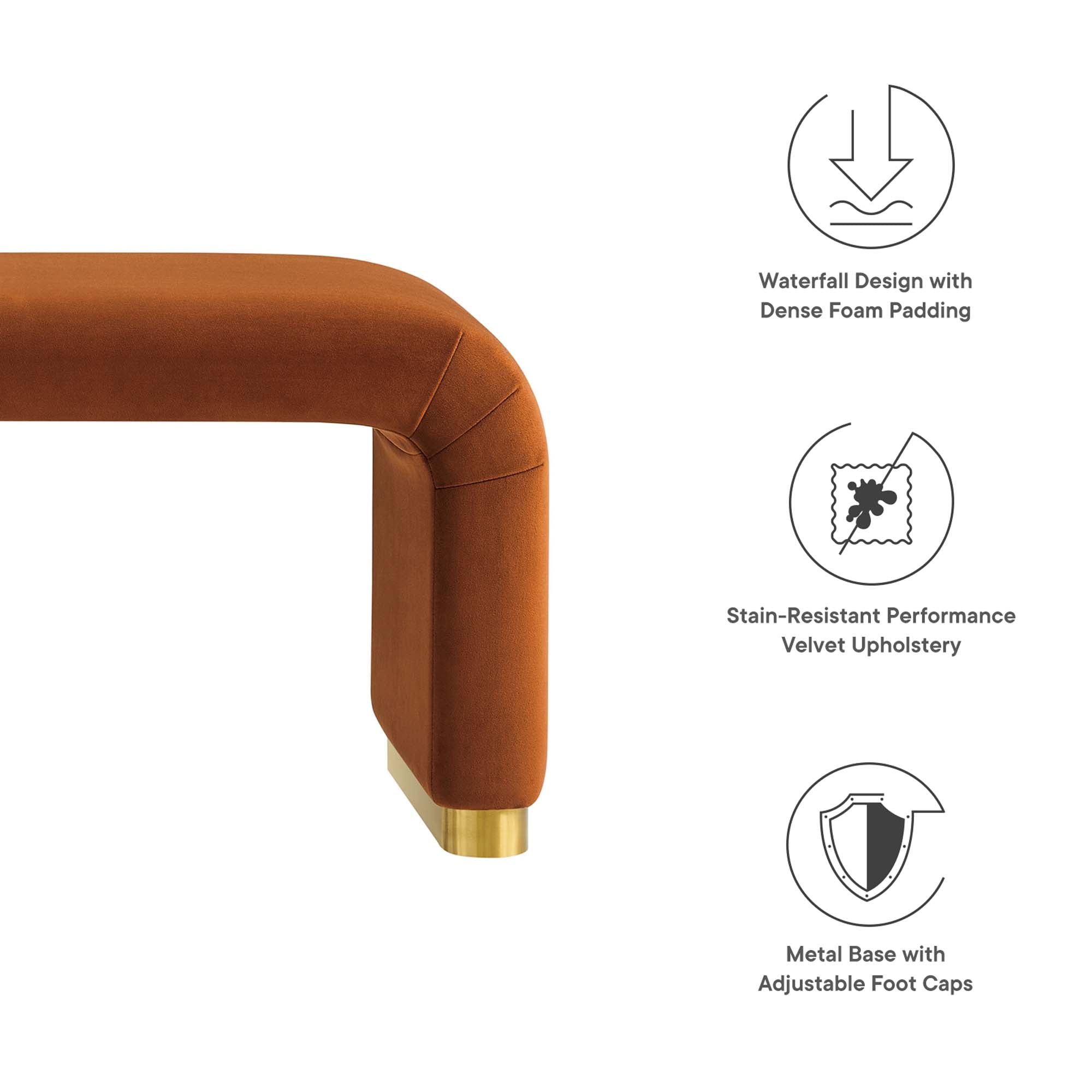Koda Performance Velvet Waterfall Long Bench, Brass Rust