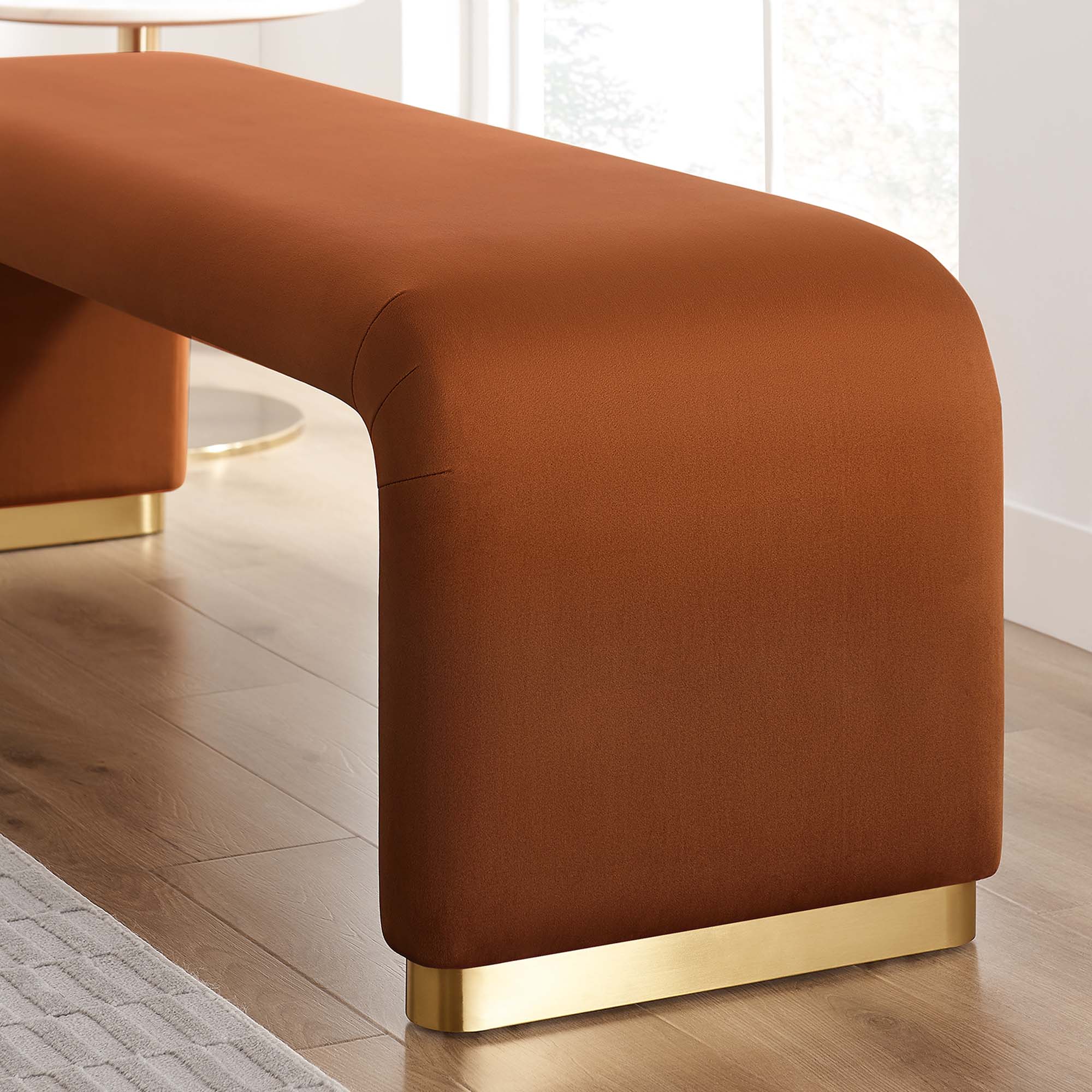 Koda Performance Velvet Waterfall Long Bench, Brass Rust
