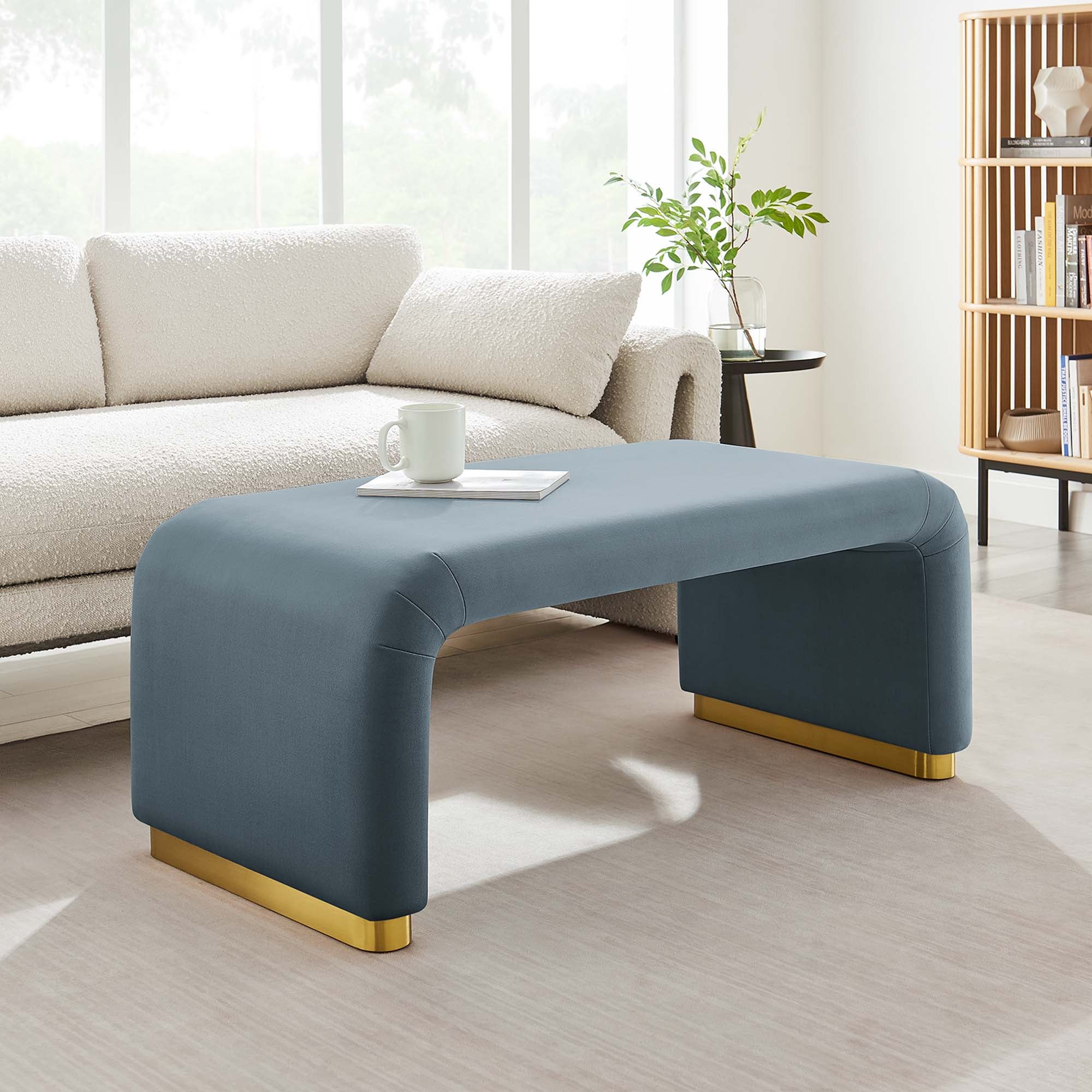 Koda Performance Velvet Waterfall Ottoman, Brass Cadet Blue