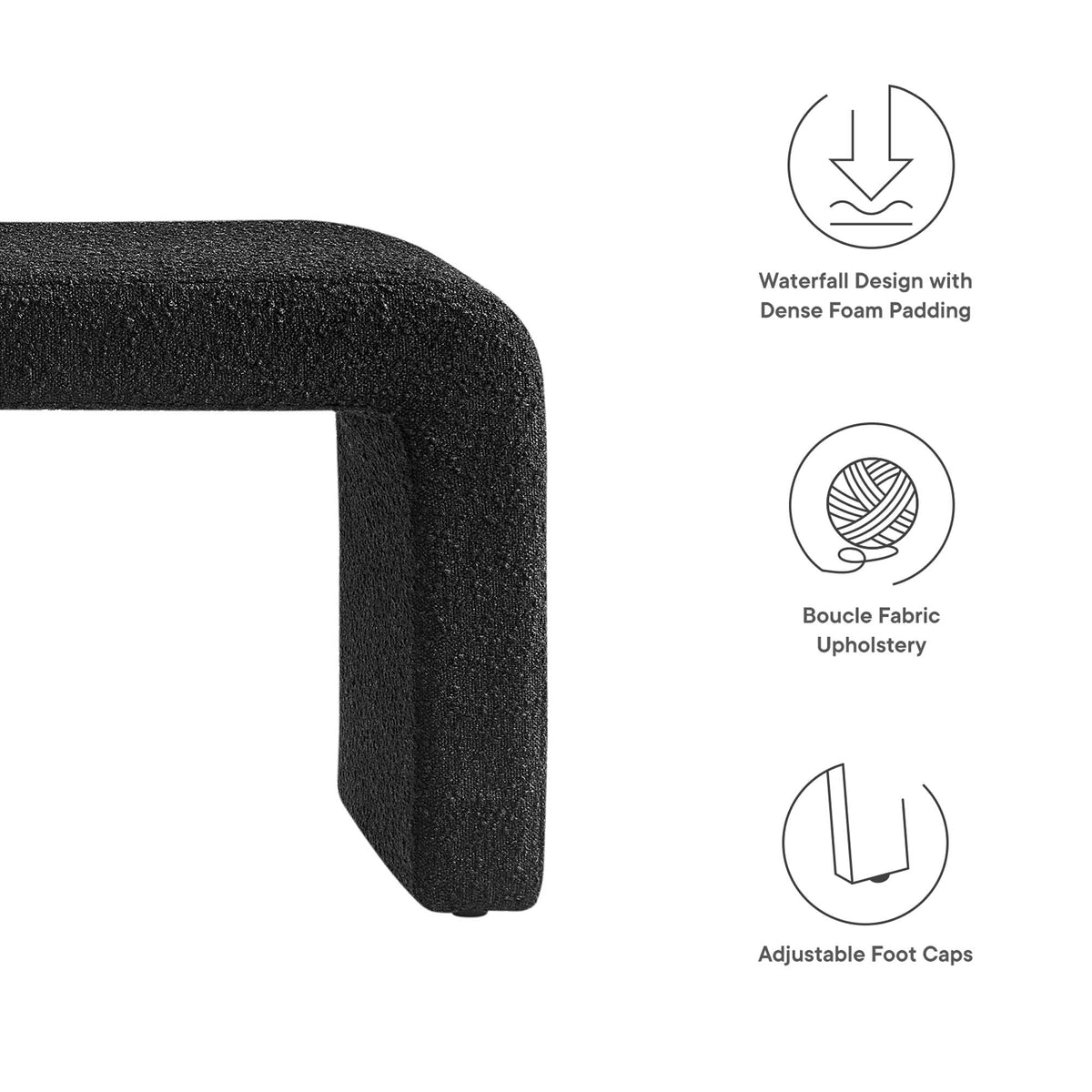 Simba Boucle Fabric Waterfall Long Bench, Black