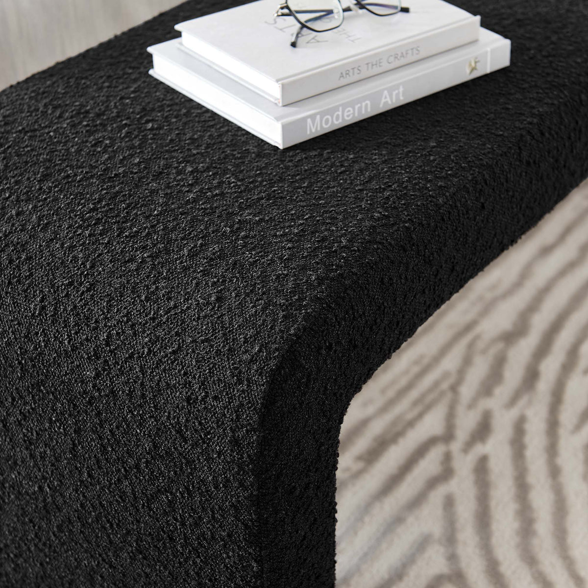 Simba Boucle Fabric Waterfall Long Bench, Black