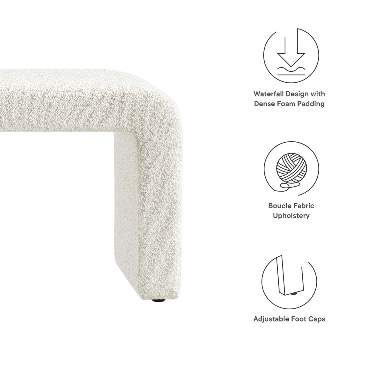 Simba Boucle Fabric Waterfall Long Bench, Ivory