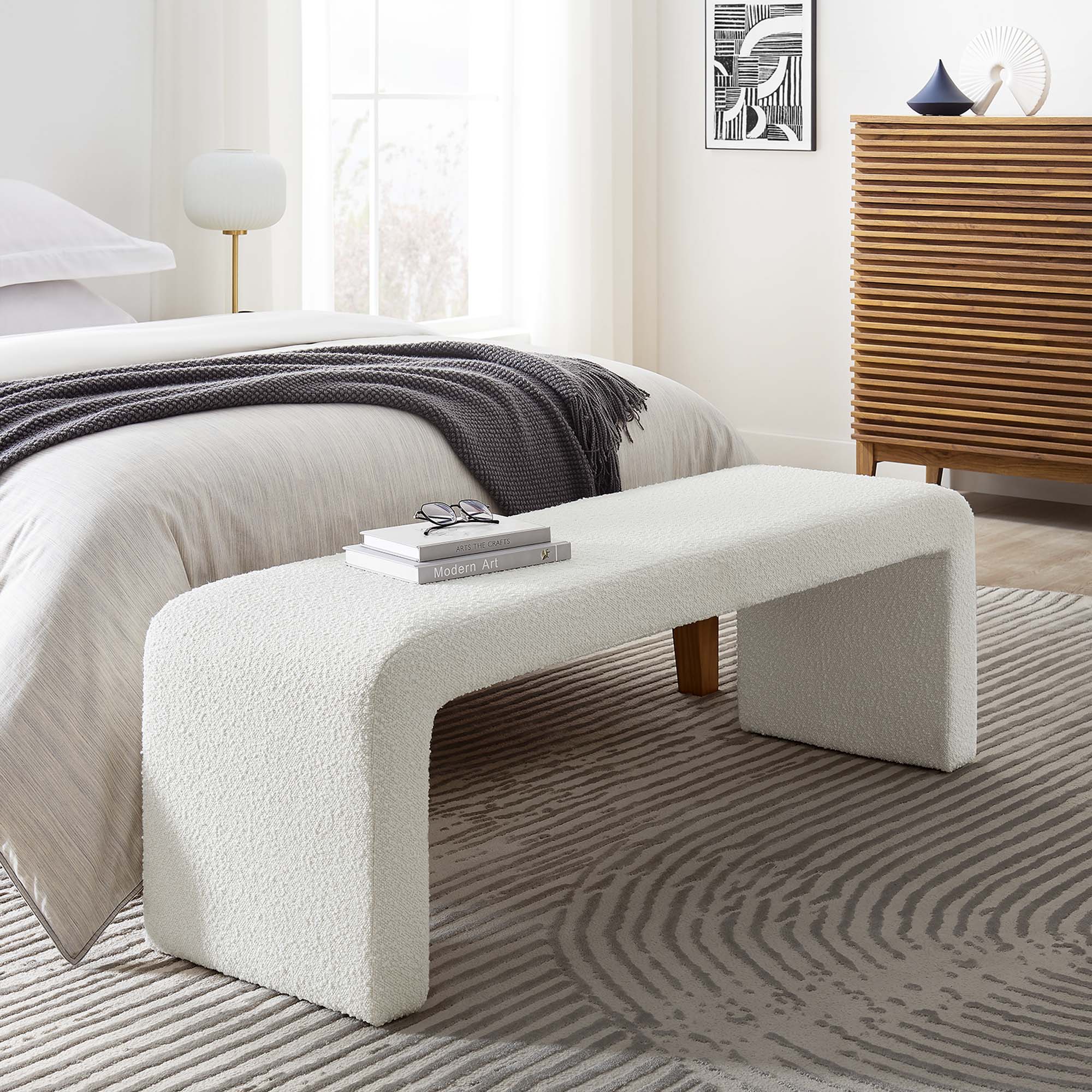 Simba Boucle Fabric Waterfall Long Bench, Ivory