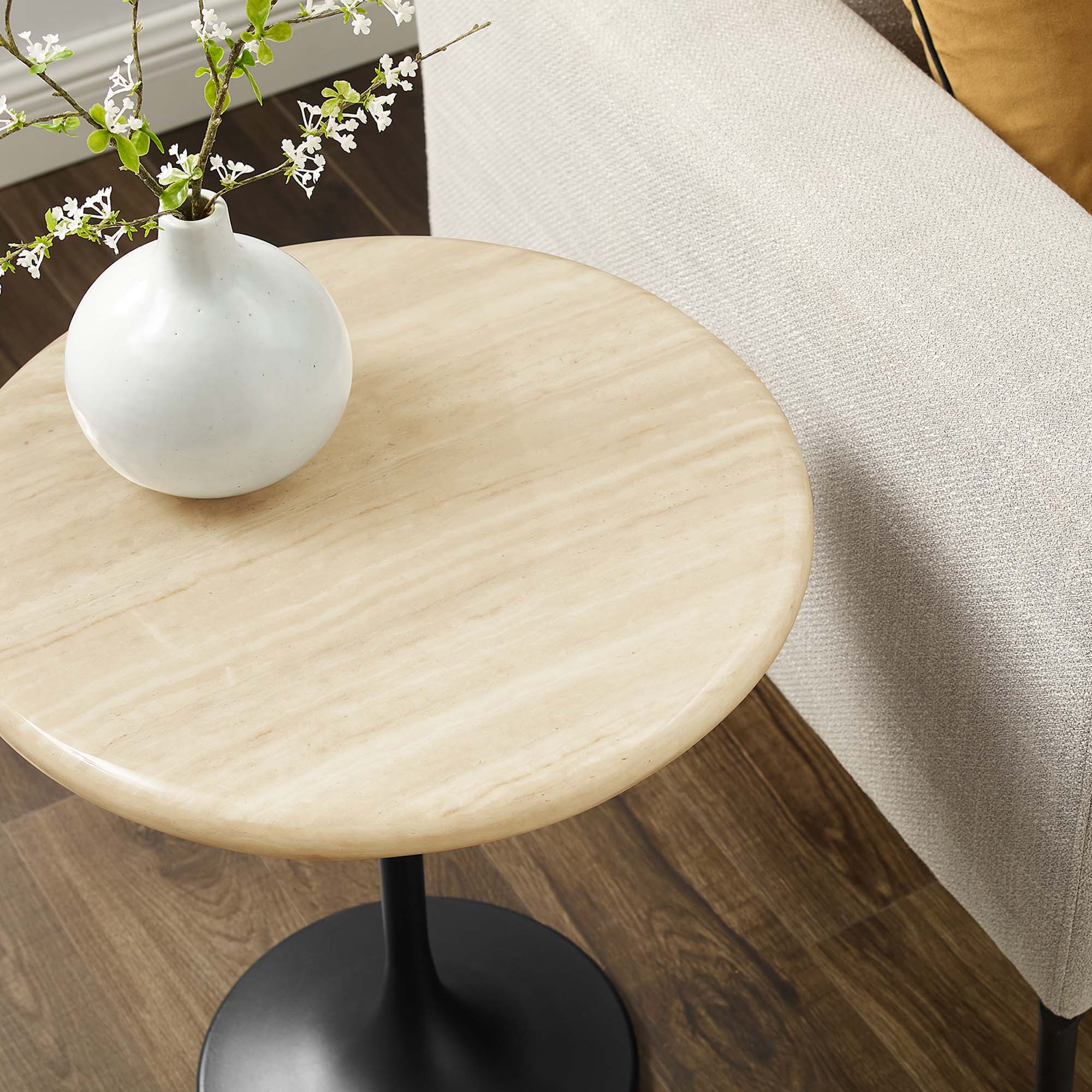 Lippa 20" Round Faux Travertine Side Table, Black Travertine