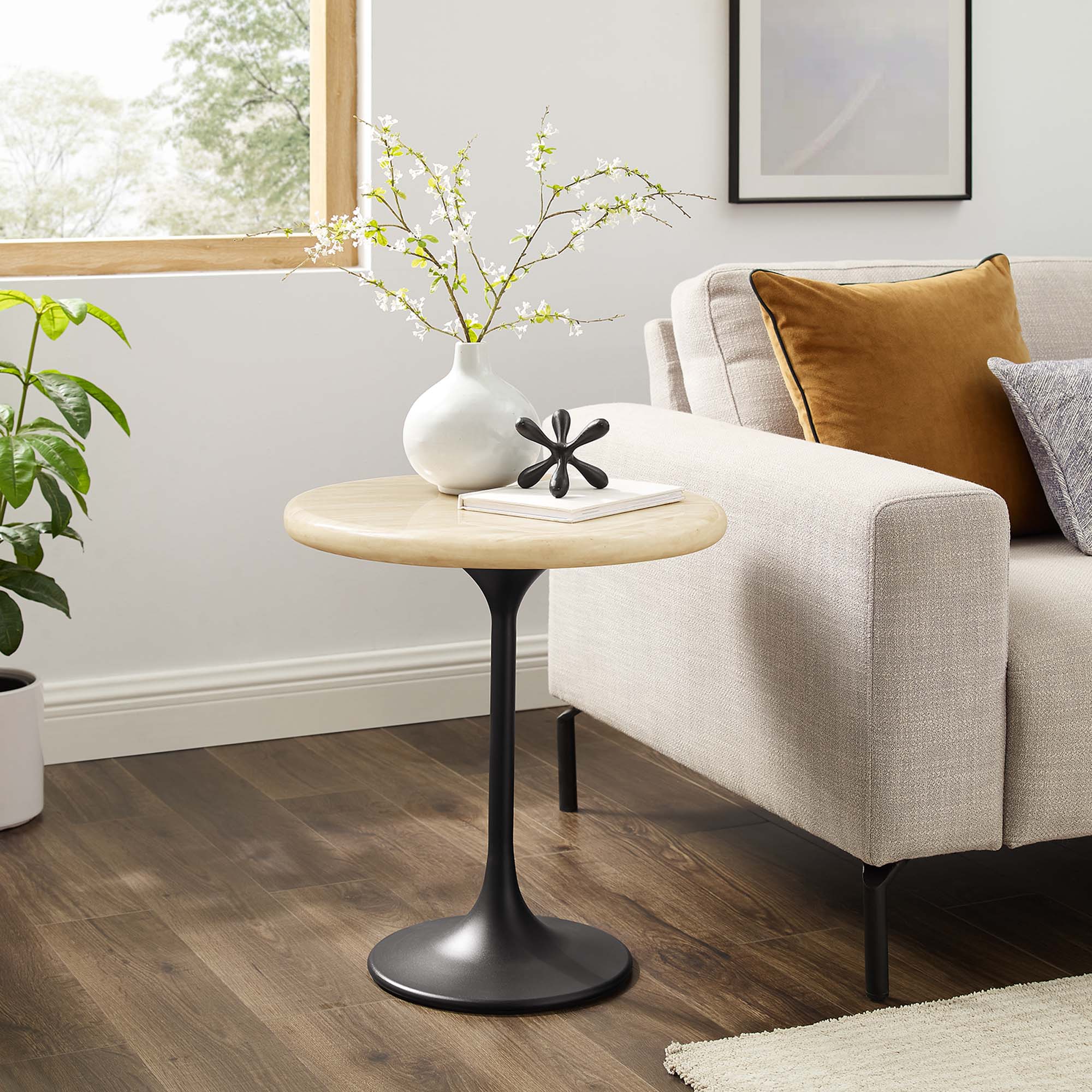 Lippa 20" Round Faux Travertine Side Table, Black Travertine