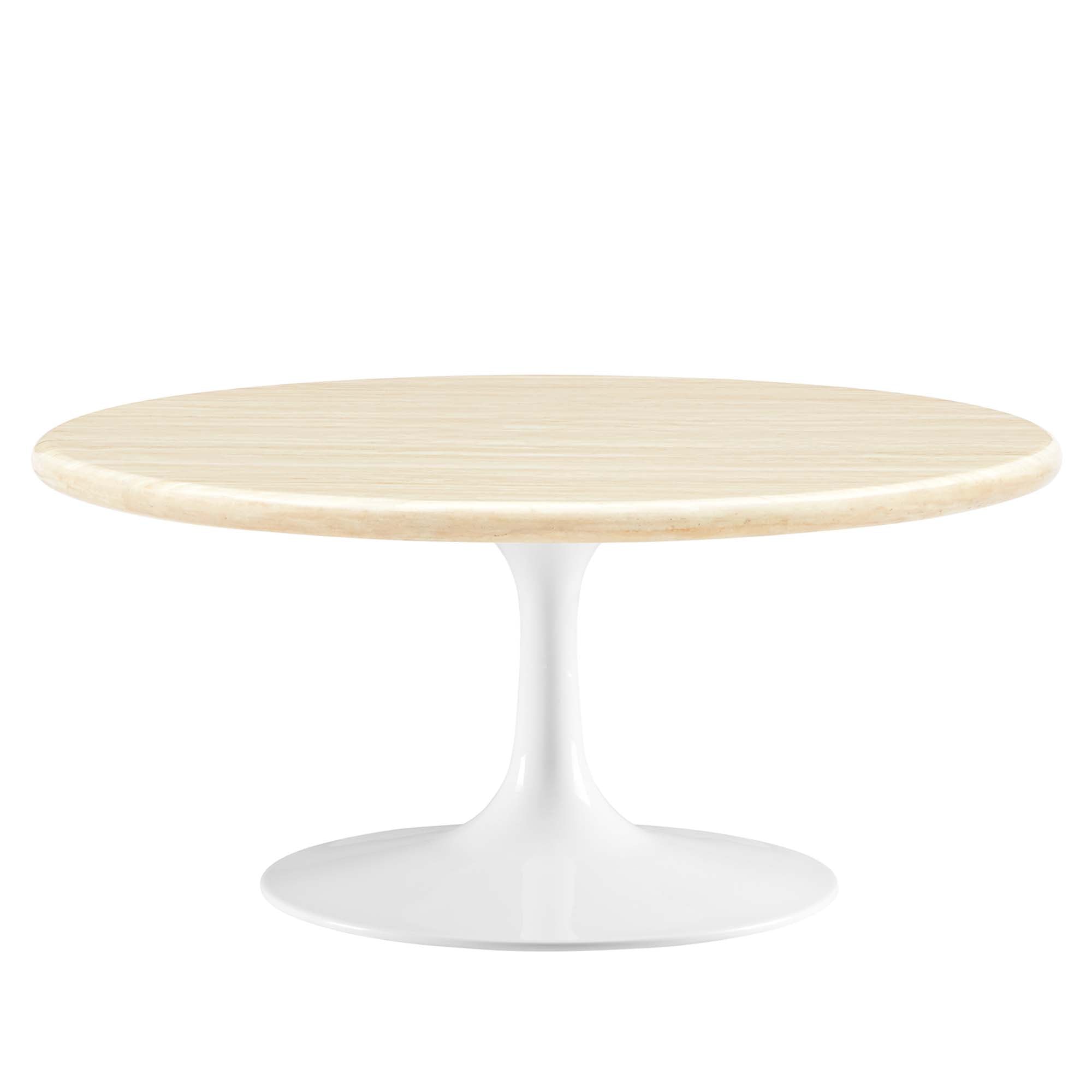 Lippa 36" Round Faux Travertine Coffee Table, White Travertine