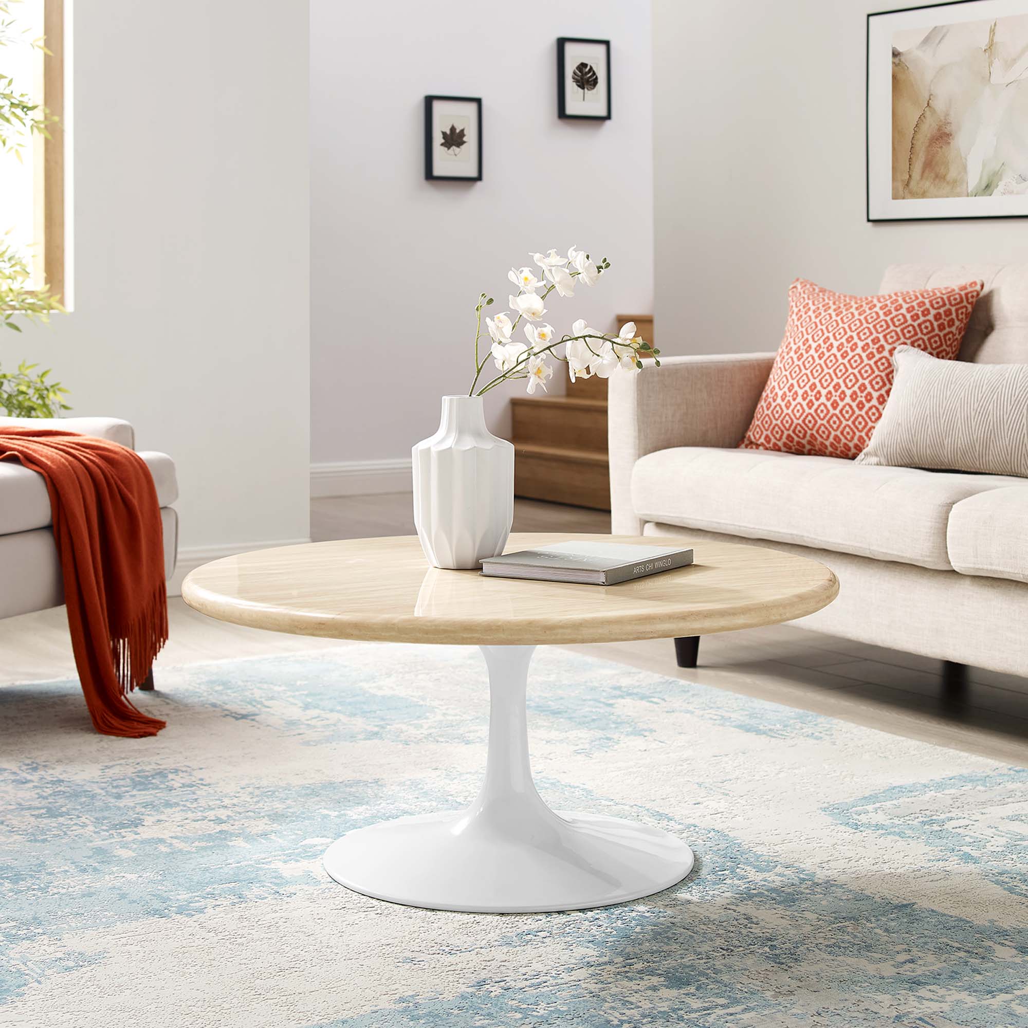 Lippa 36" Round Faux Travertine Coffee Table, White Travertine