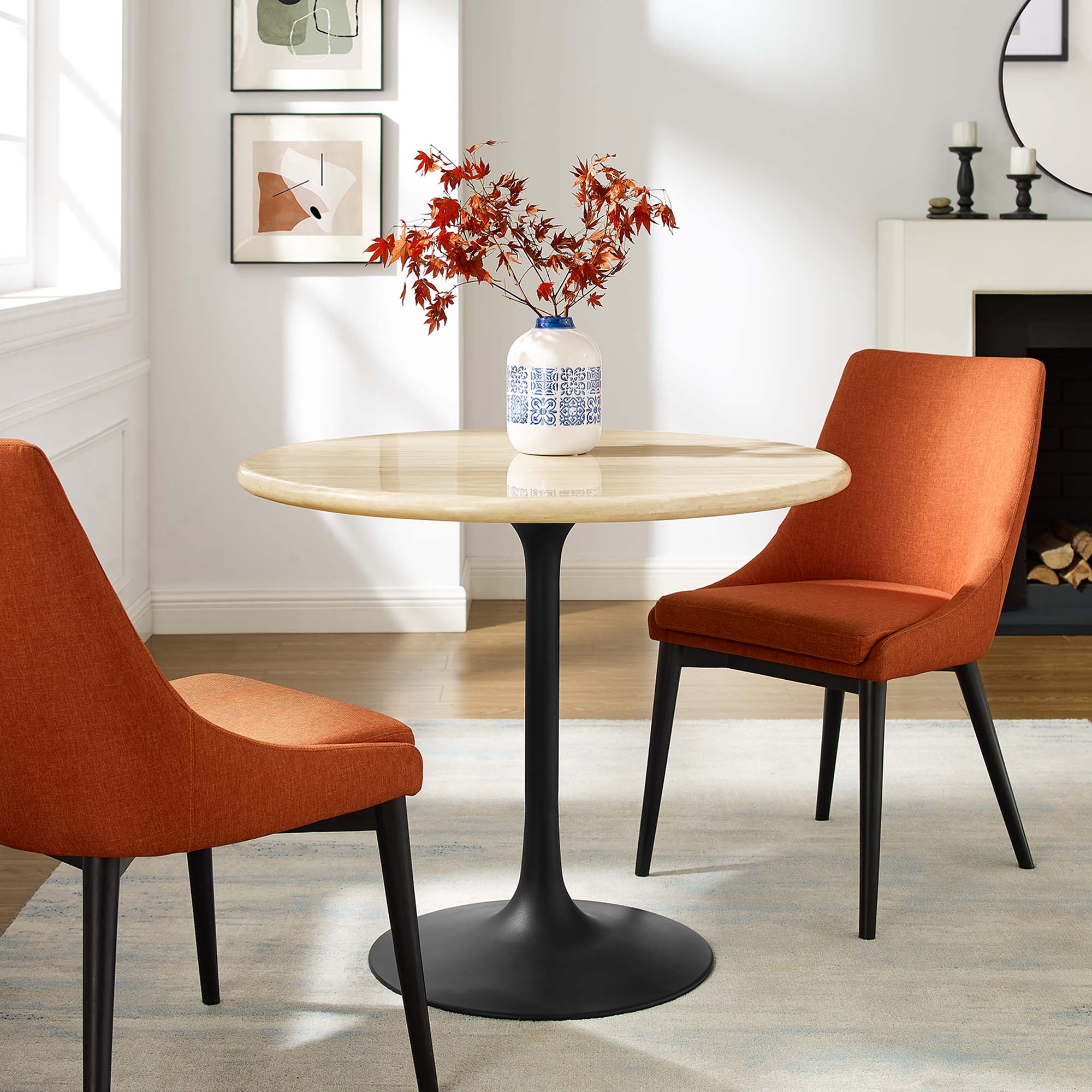 Lippa 36" Round Faux Travertine Dining Table, Black Travertine