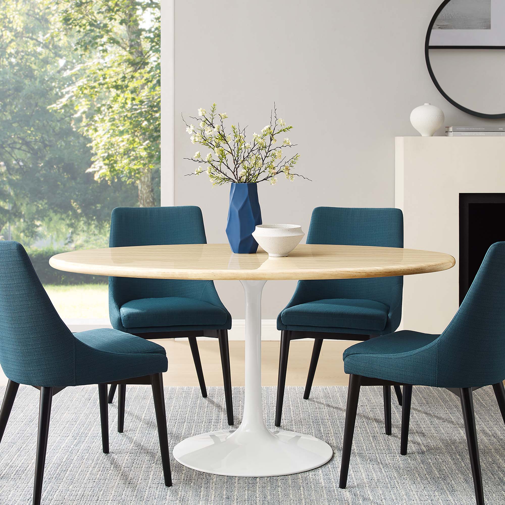 Lippa 60" Oval Faux Travertine Dining Table, White Traventine