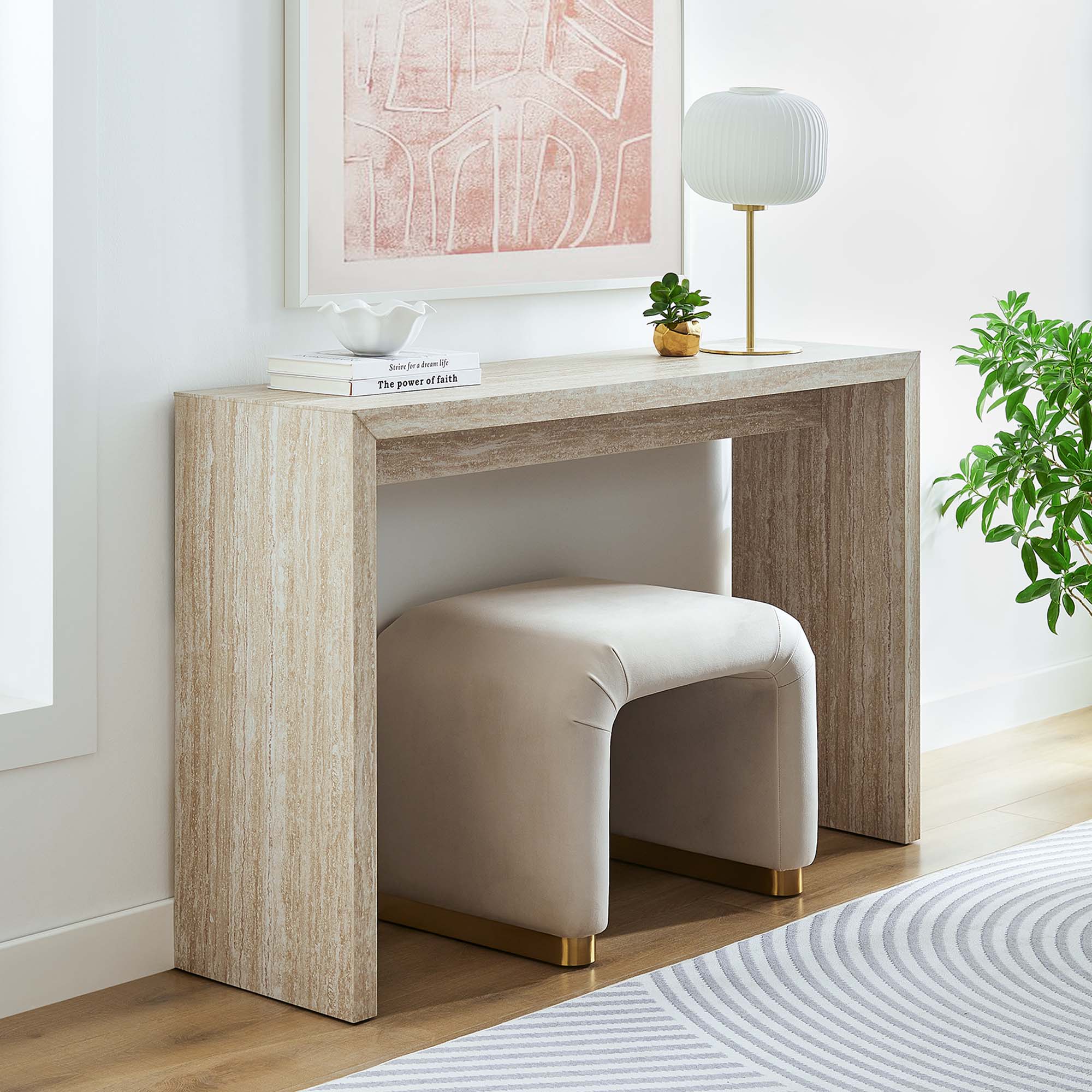 Mirella Faux Travertine Console Table, Travertine