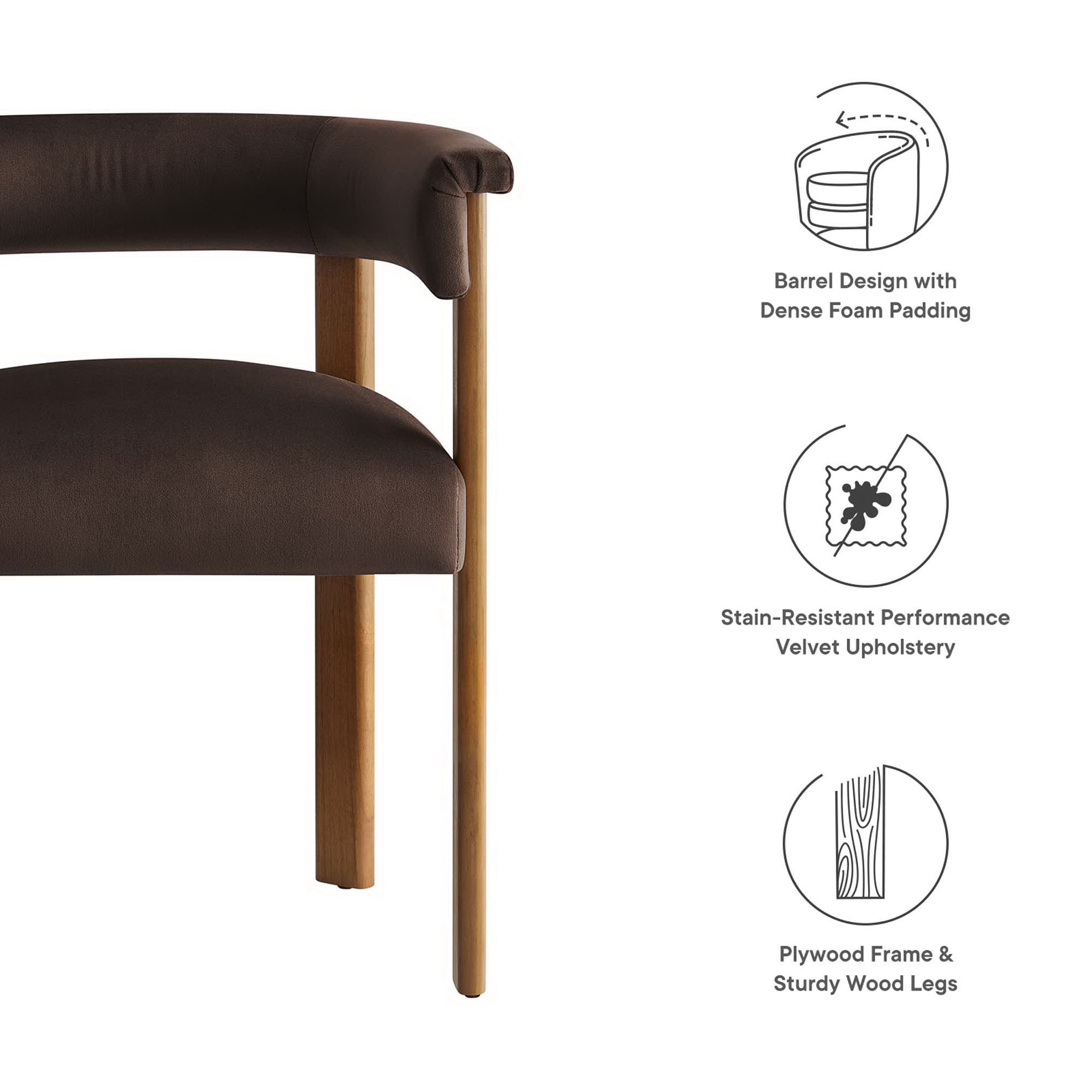 Imogen Performance Velvet Barrel Dining Chairs Set of 2, Chocolate Brown Deep Brown