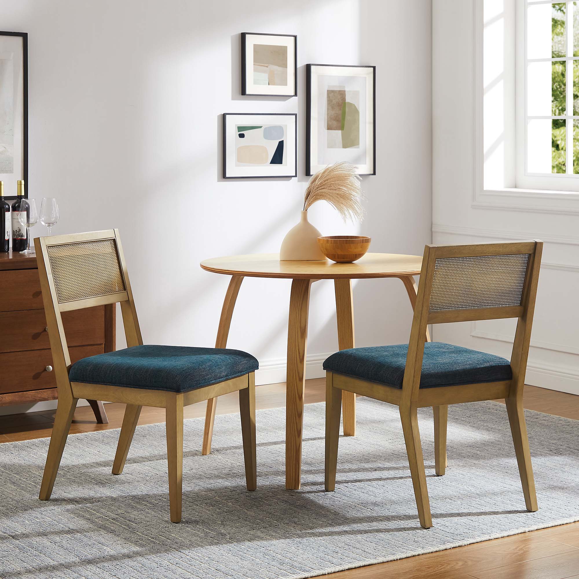 Nimba Faux Rattan Fabric Dining Chairs Set of 2, Heathered Weave Azure