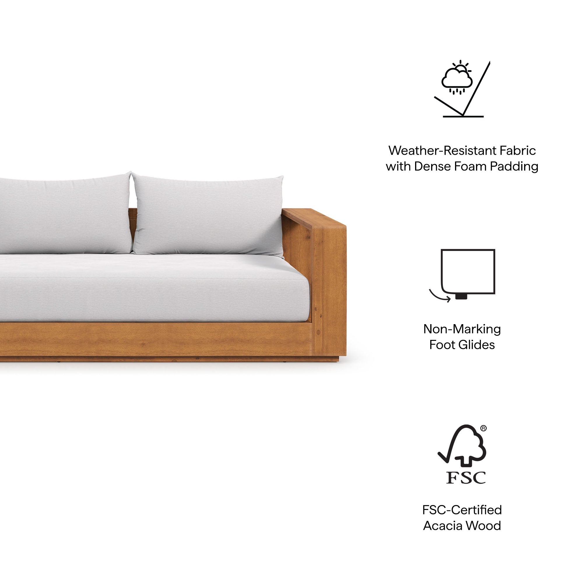 Tahoe Outdoor Patio Acacia Wood Sofa, Natural Light Gray