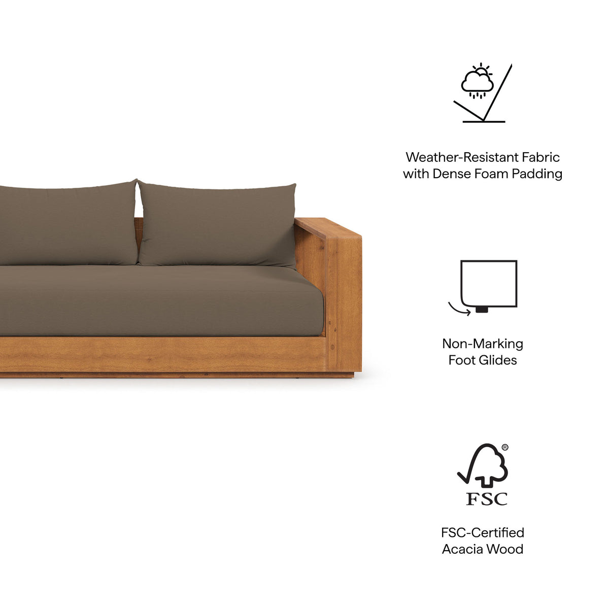 Tahoe 2-Piece Outdoor Patio Acacia Wood Sofa and Coffee Table Set, Natural Cocoa