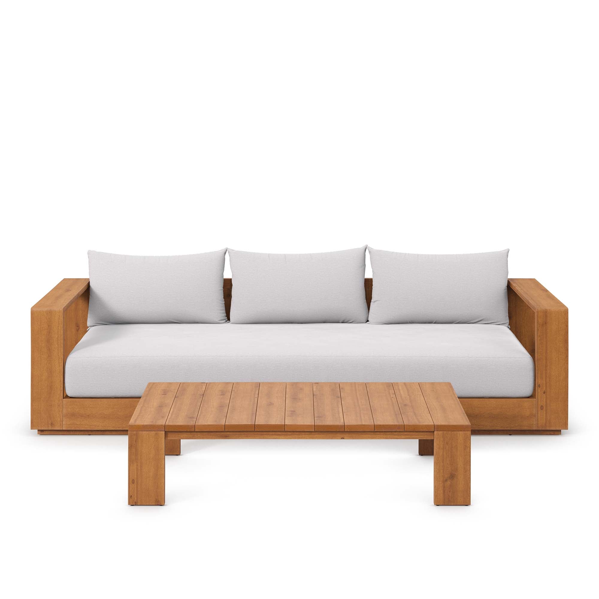 Tahoe 2-Piece Outdoor Patio Acacia Wood Sofa and Coffee Table Set, Natural Light Gray