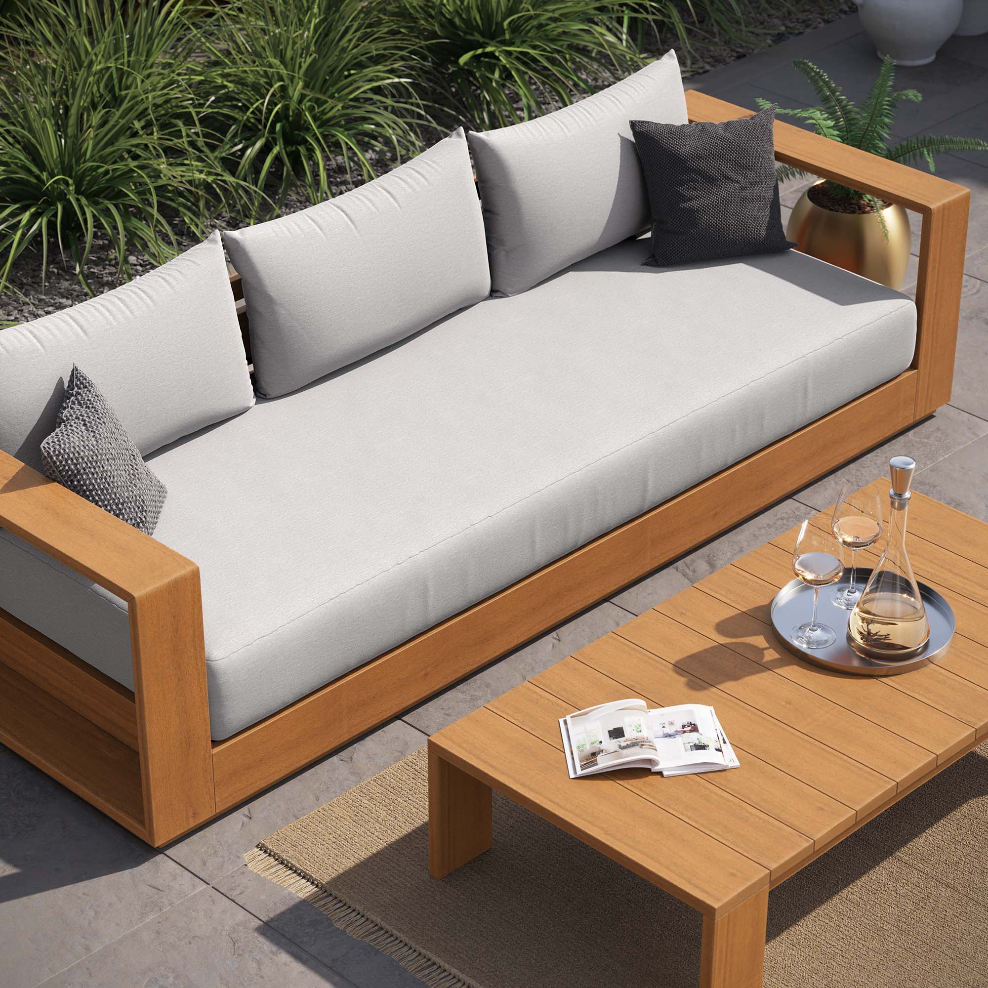 Tahoe 2-Piece Outdoor Patio Acacia Wood Sofa and Coffee Table Set, Natural Light Gray