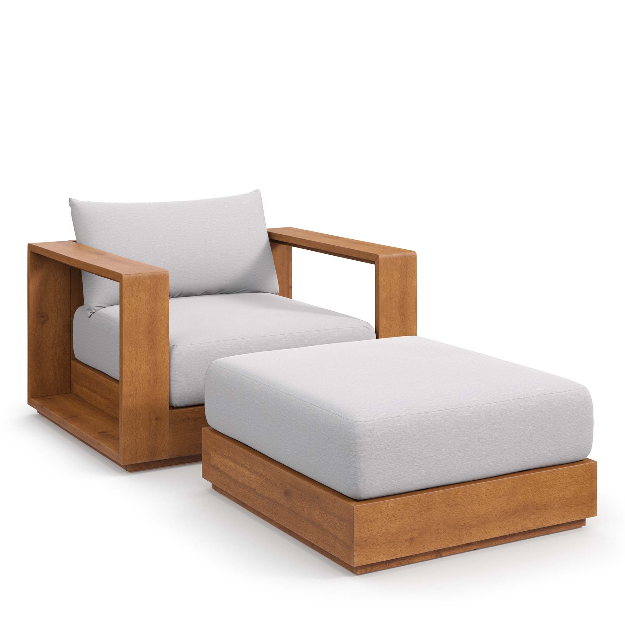 Tahoe 2-Piece Outdoor Patio Acacia Wood Armchair and Ottoman Set, Natural Light Gray