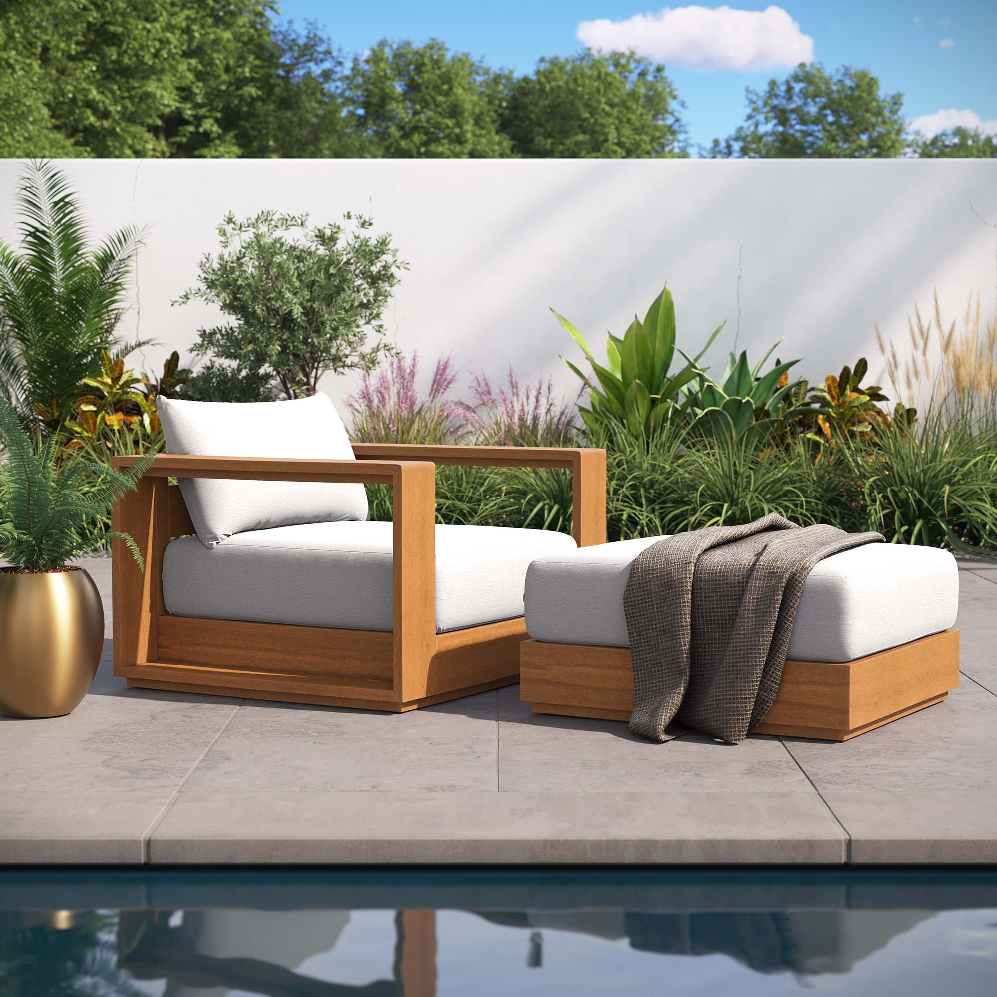 Tahoe 2-Piece Outdoor Patio Acacia Wood Armchair and Ottoman Set, Natural Light Gray