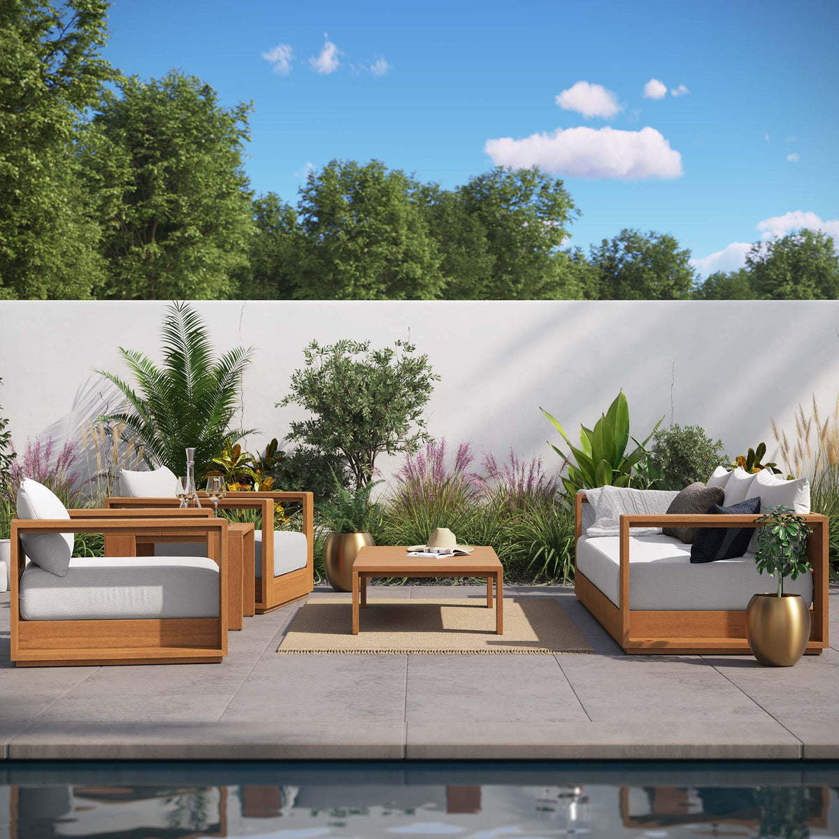 Tahoe 5-Piece Outdoor Patio Acacia Wood Furniture Set, Natural Light Gray