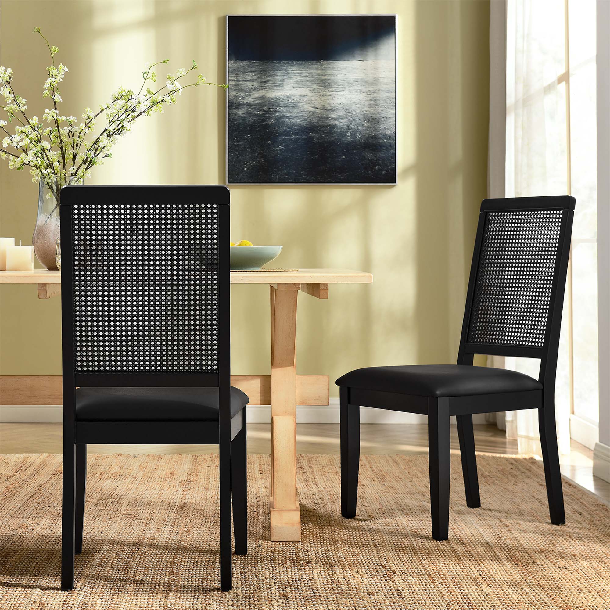 Arlo Vegan Leather Upholstered Faux Rattan and Wood Dining Side Chairs Set of 2, Black Black