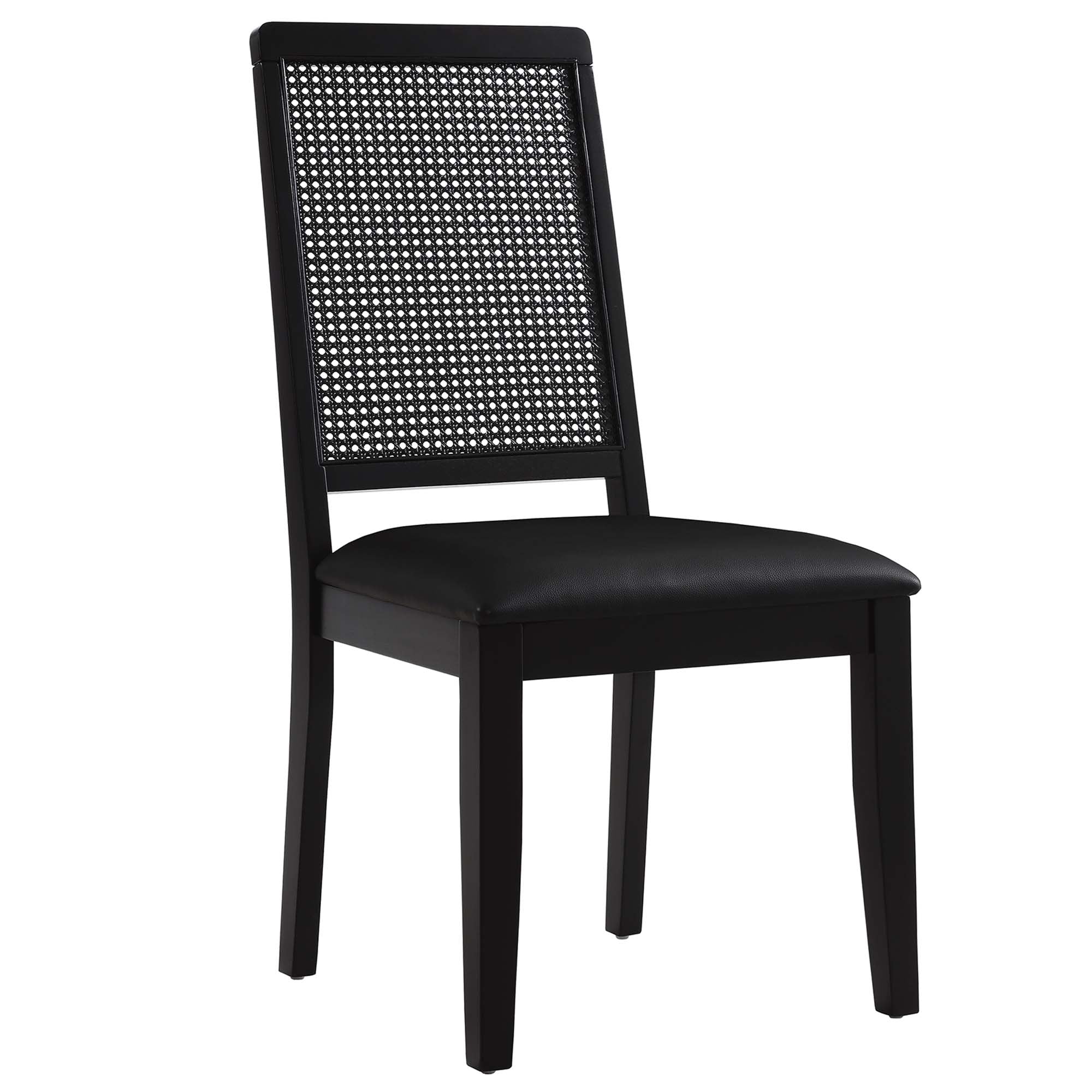 Arlo Vegan Leather Upholstered Faux Rattan and Wood Dining Side Chairs Set of 2, Black Black