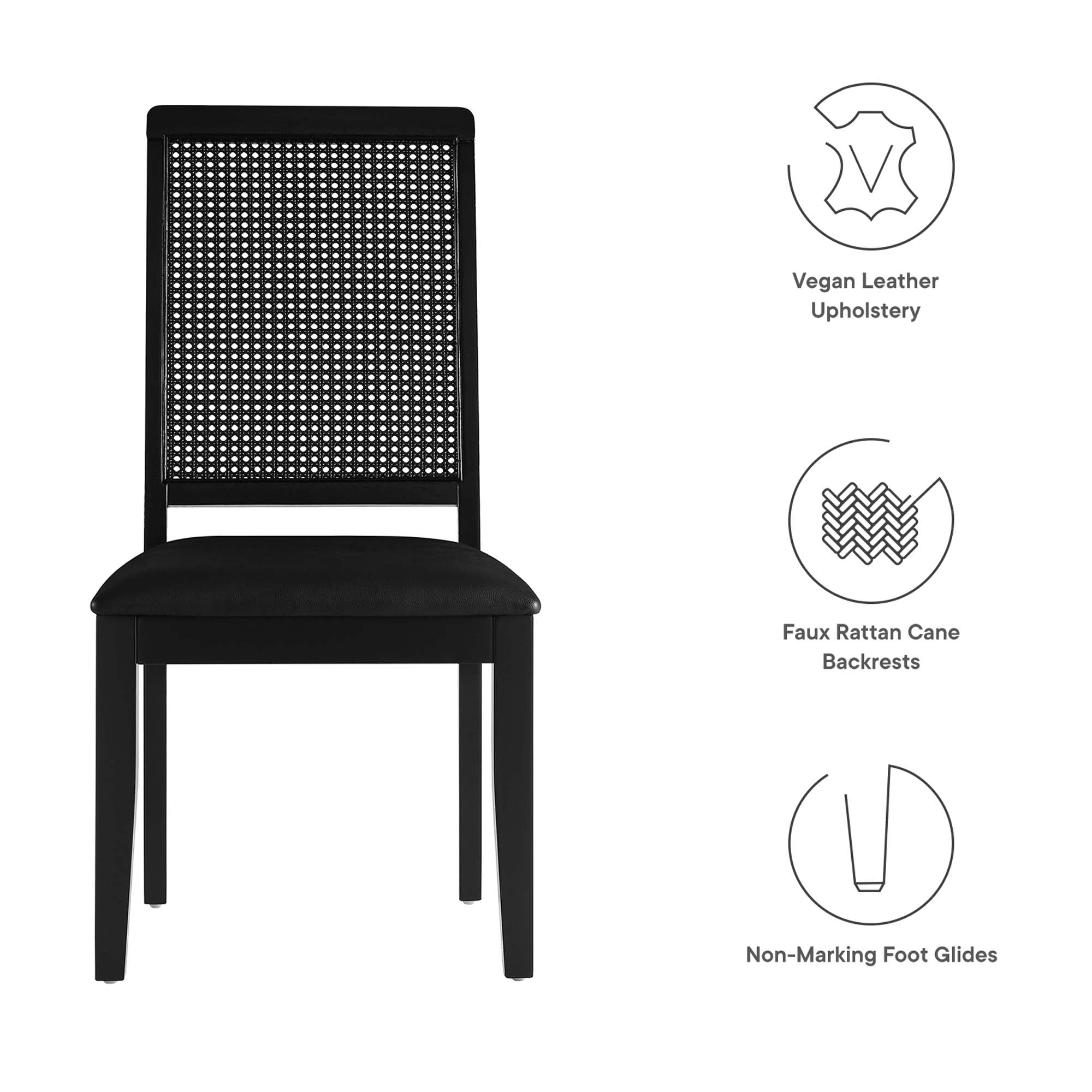 Arlo Vegan Leather Upholstered Faux Rattan and Wood Dining Side Chairs Set of 2, Black Black
