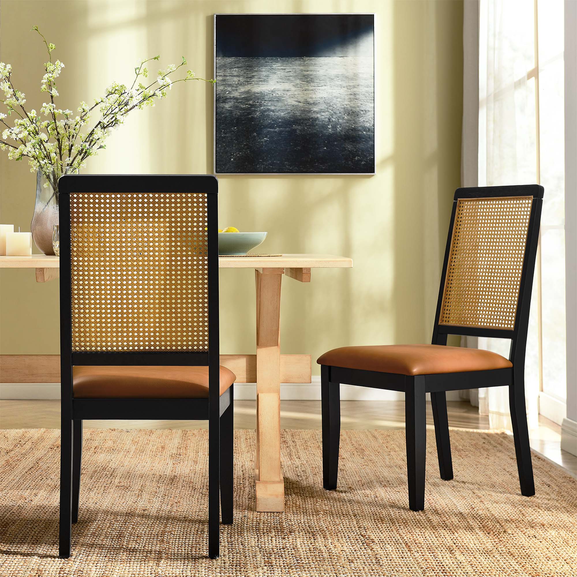 Arlo Vegan Leather Upholstered Faux Rattan and Wood Dining Side Chairs Set of 2, Black Natural Tan