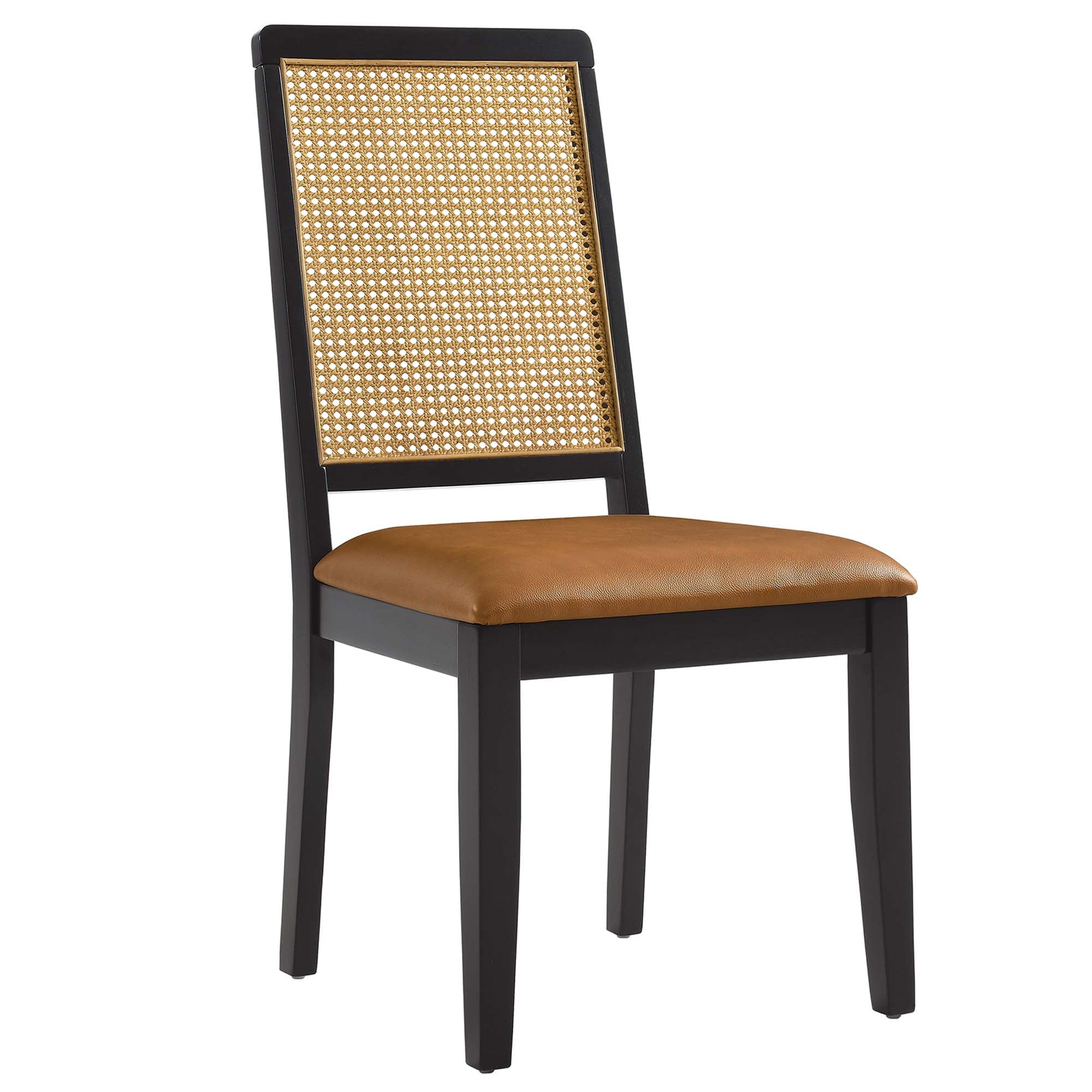 Arlo Vegan Leather Upholstered Faux Rattan and Wood Dining Side Chairs Set of 2, Black Natural Tan