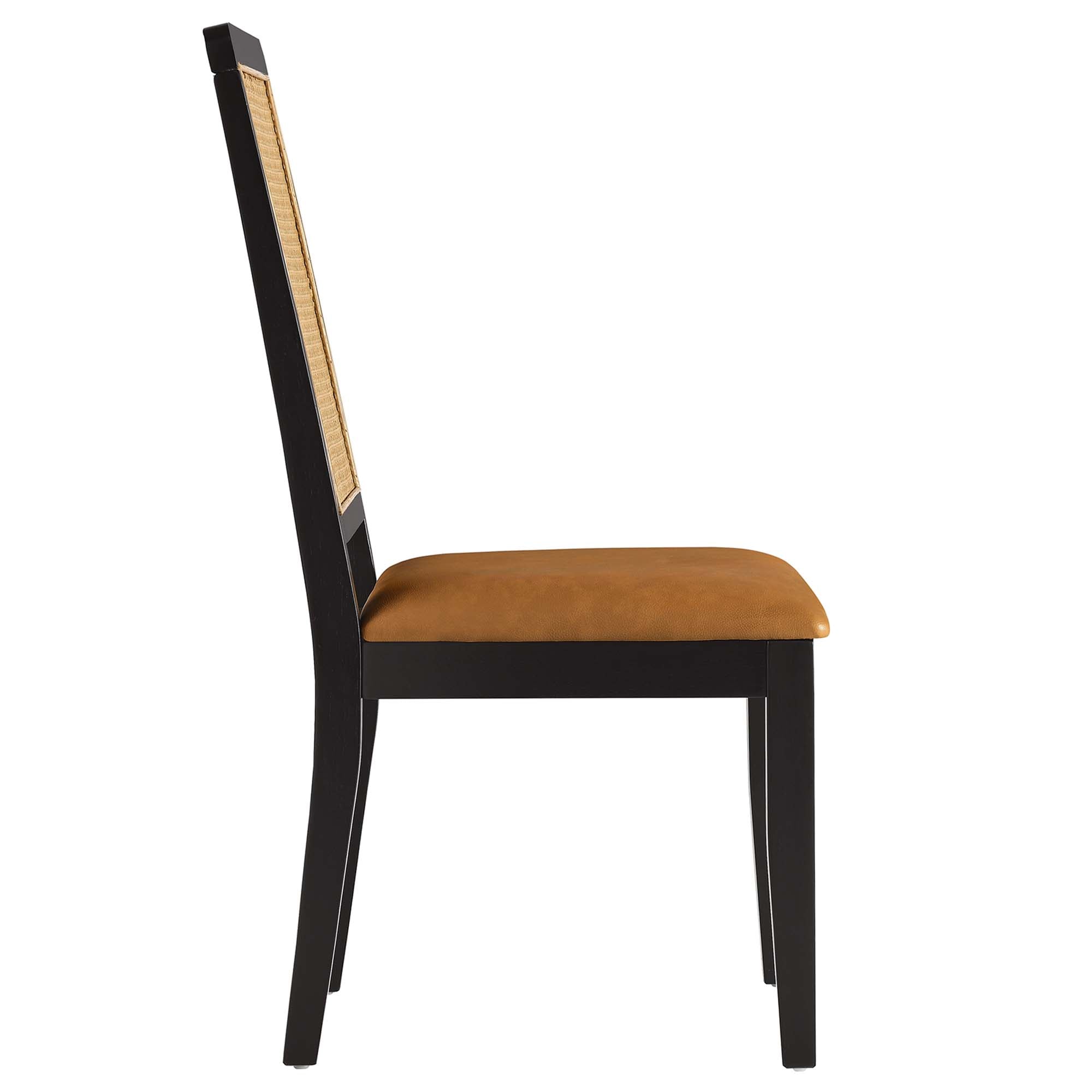 Arlo Vegan Leather Upholstered Faux Rattan and Wood Dining Side Chairs Set of 2, Black Natural Tan