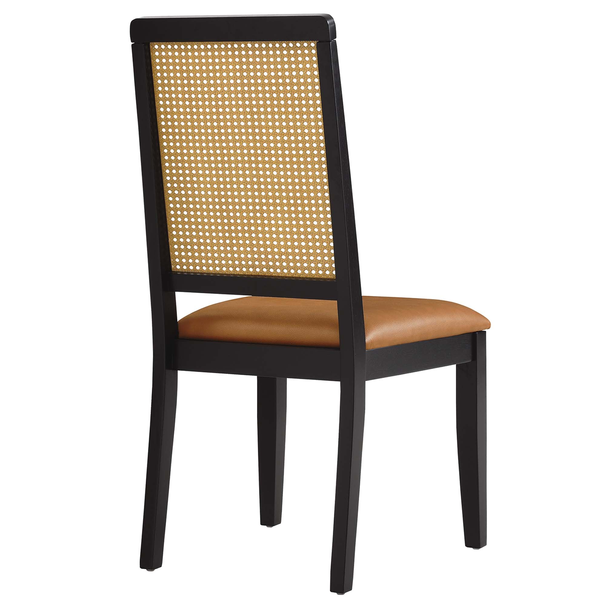 Arlo Vegan Leather Upholstered Faux Rattan and Wood Dining Side Chairs Set of 2, Black Natural Tan