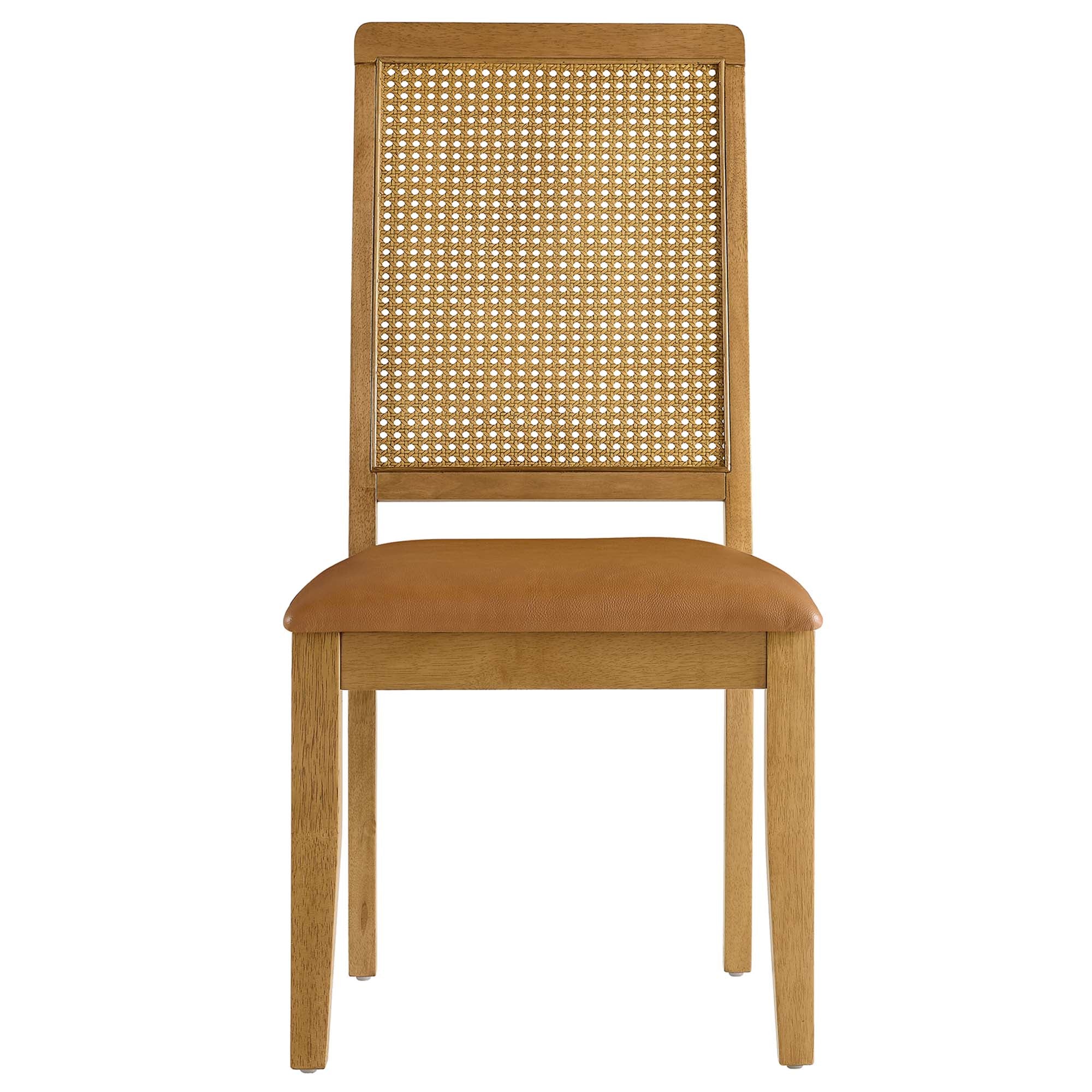 Arlo Vegan Leather Upholstered Faux Rattan and Wood Dining Side Chairs Set of 2, Natural Natural Tan