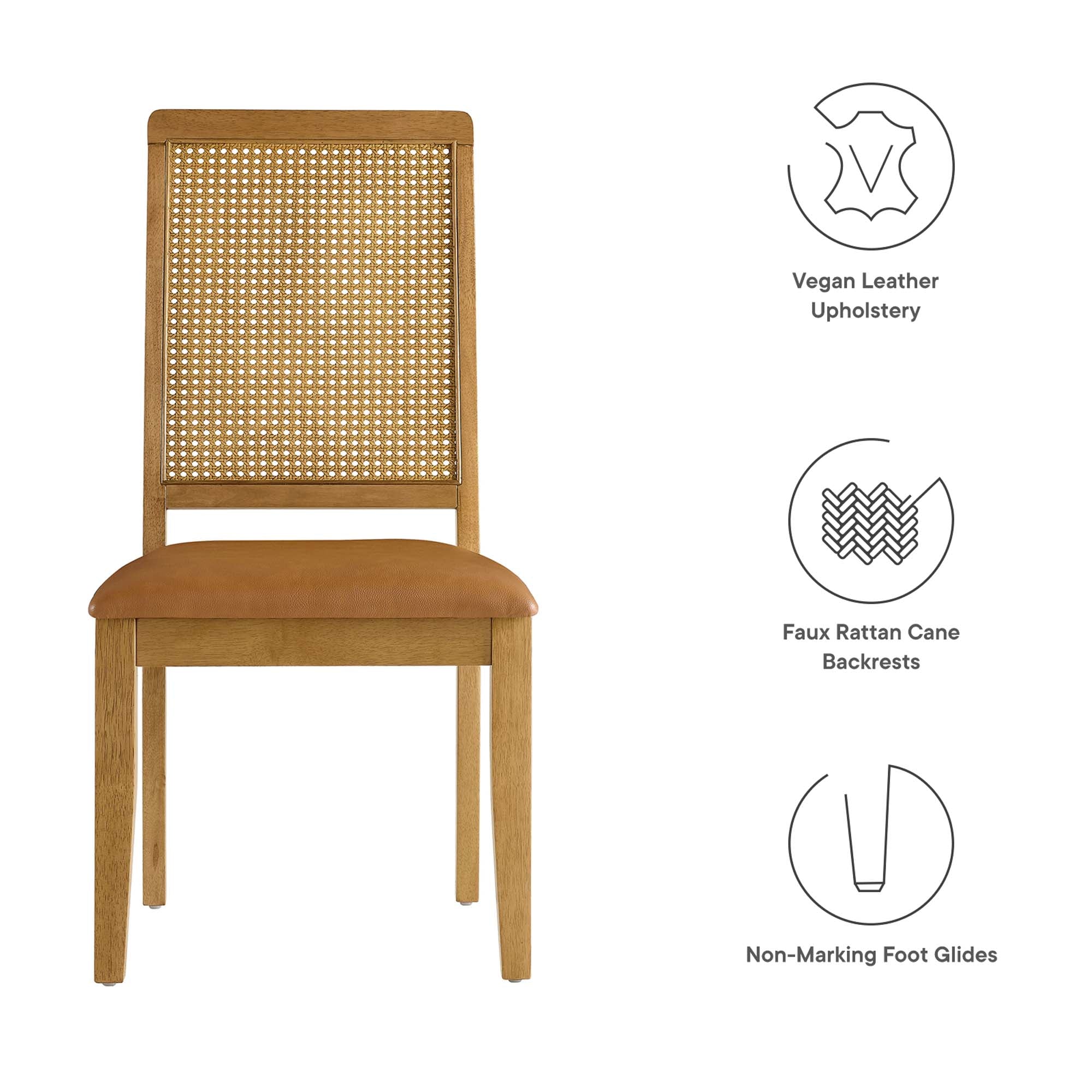 Arlo Vegan Leather Upholstered Faux Rattan and Wood Dining Side Chairs Set of 2, Natural Natural Tan