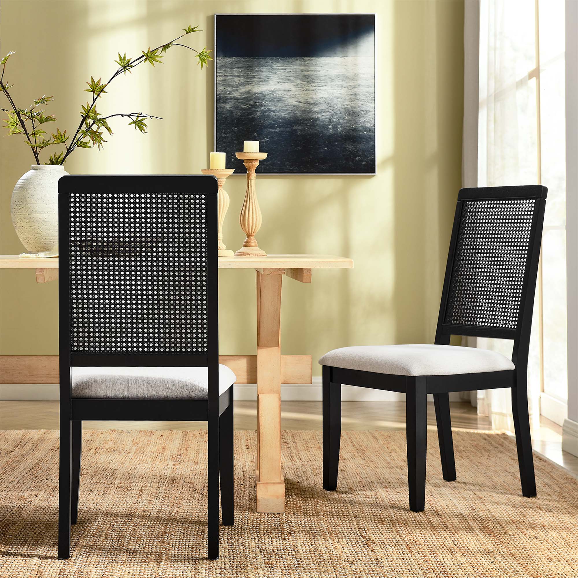 Arlo Faux Rattan and Wood Dining Side Chairs Set of 2, Black Black Heathered Weave Ivory