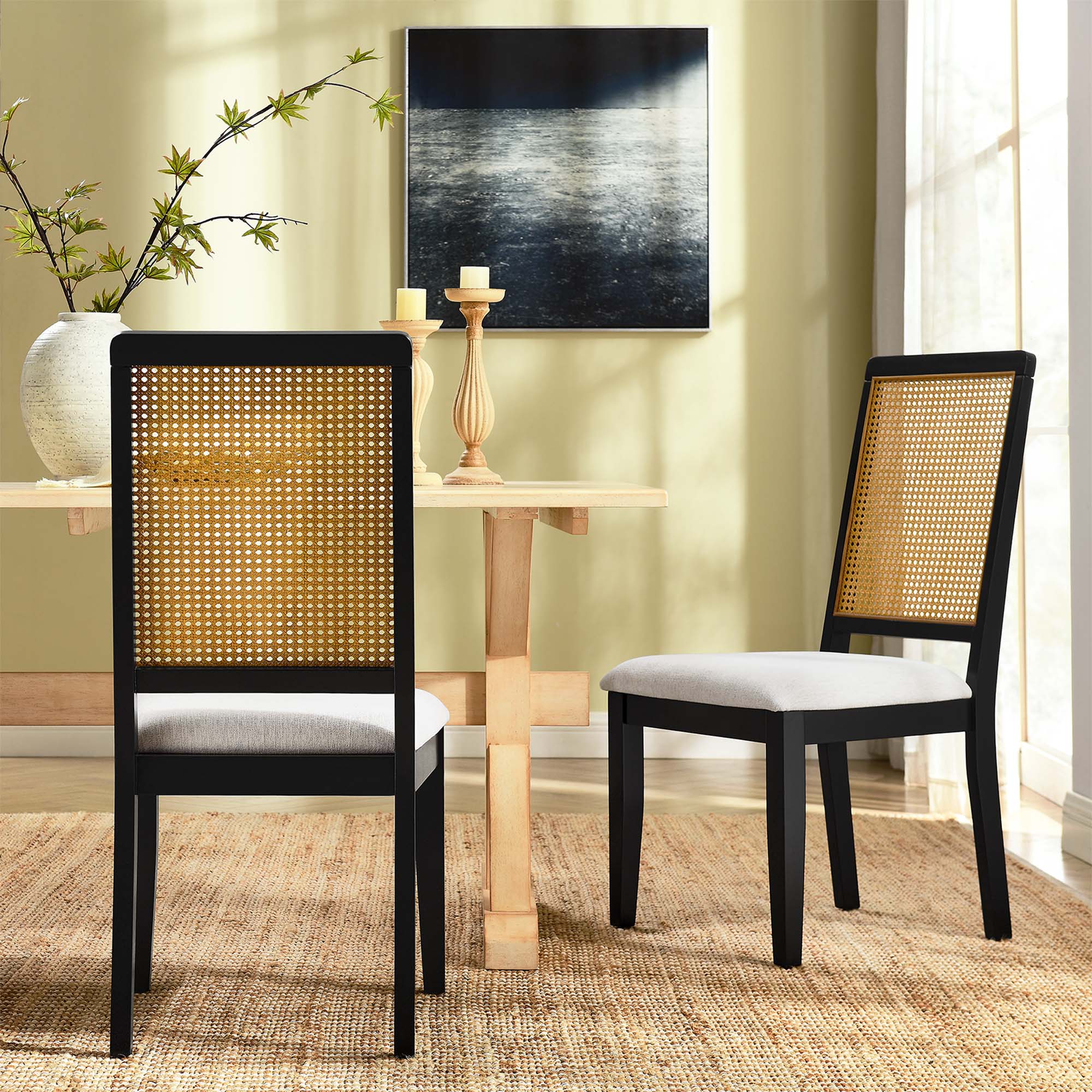Arlo Faux Rattan and Wood Dining Side Chairs Set of 2, Black Natural Heathered Weave Ivory