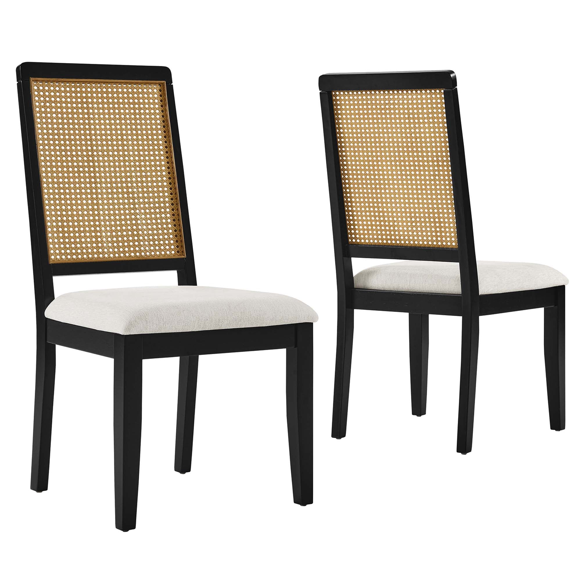 Arlo Faux Rattan and Wood Dining Side Chairs Set of 2, Black Natural Heathered Weave Ivory