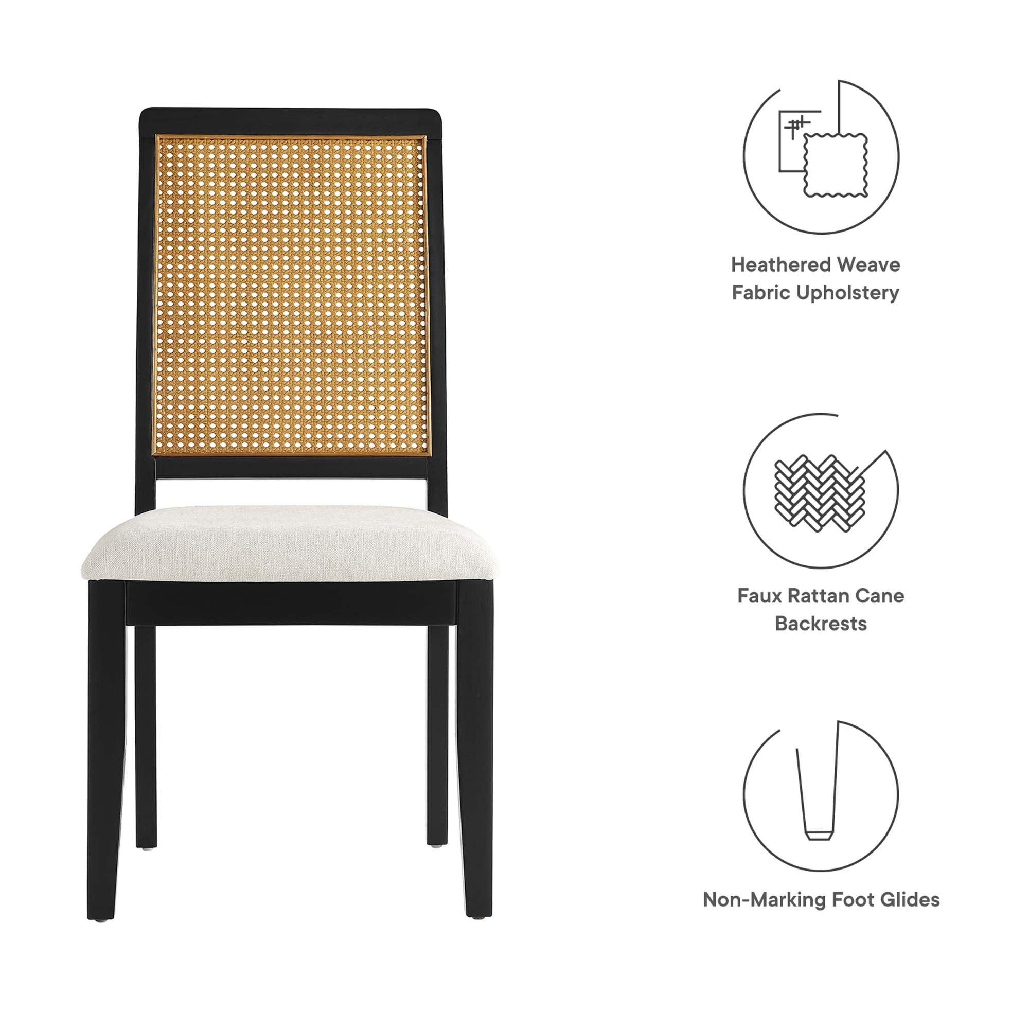 Arlo Faux Rattan and Wood Dining Side Chairs Set of 2, Black Natural Heathered Weave Ivory