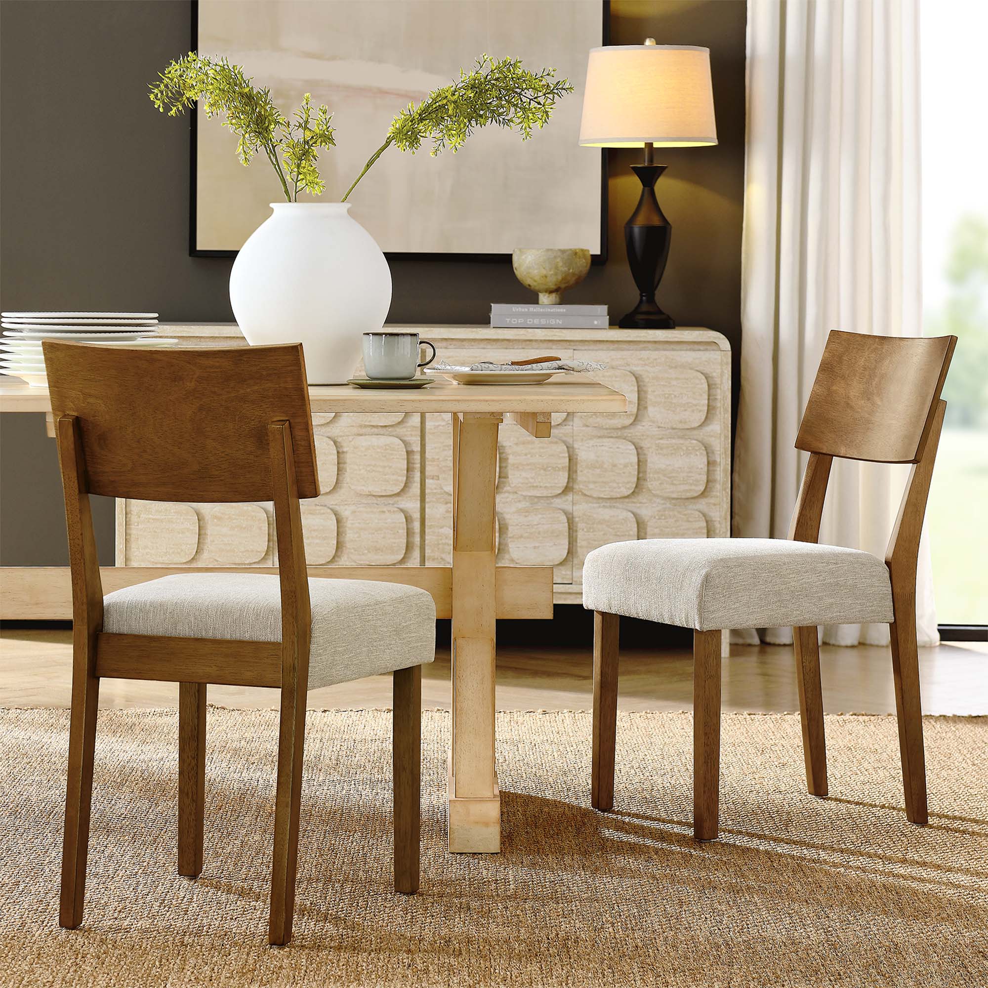 Pax Wood Dining Side Chairs Set of 2, Acorn Heathered Weave Light Beige