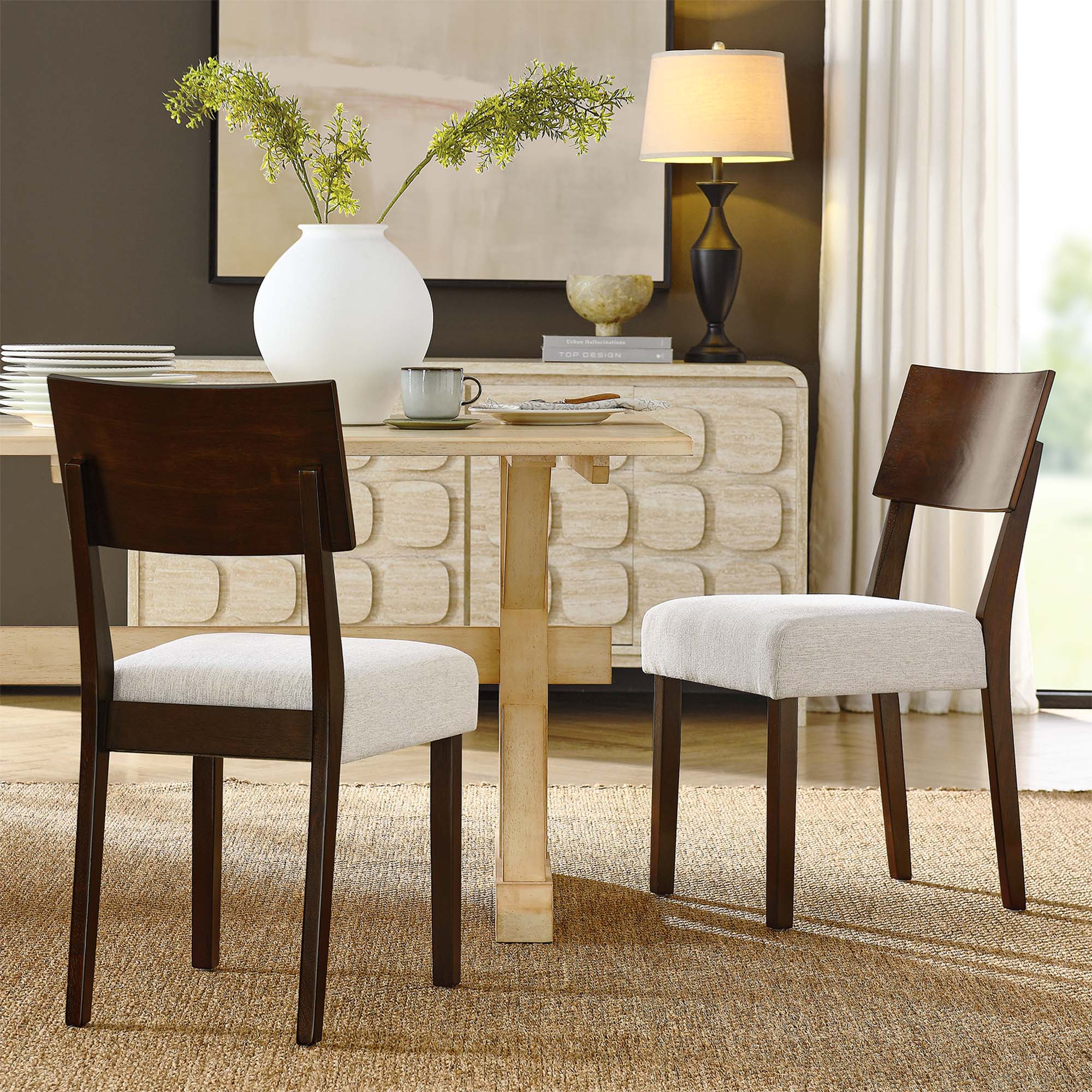 Pax Wood Dining Side Chairs Set of 2, Walnut Heathered Weave Ivory