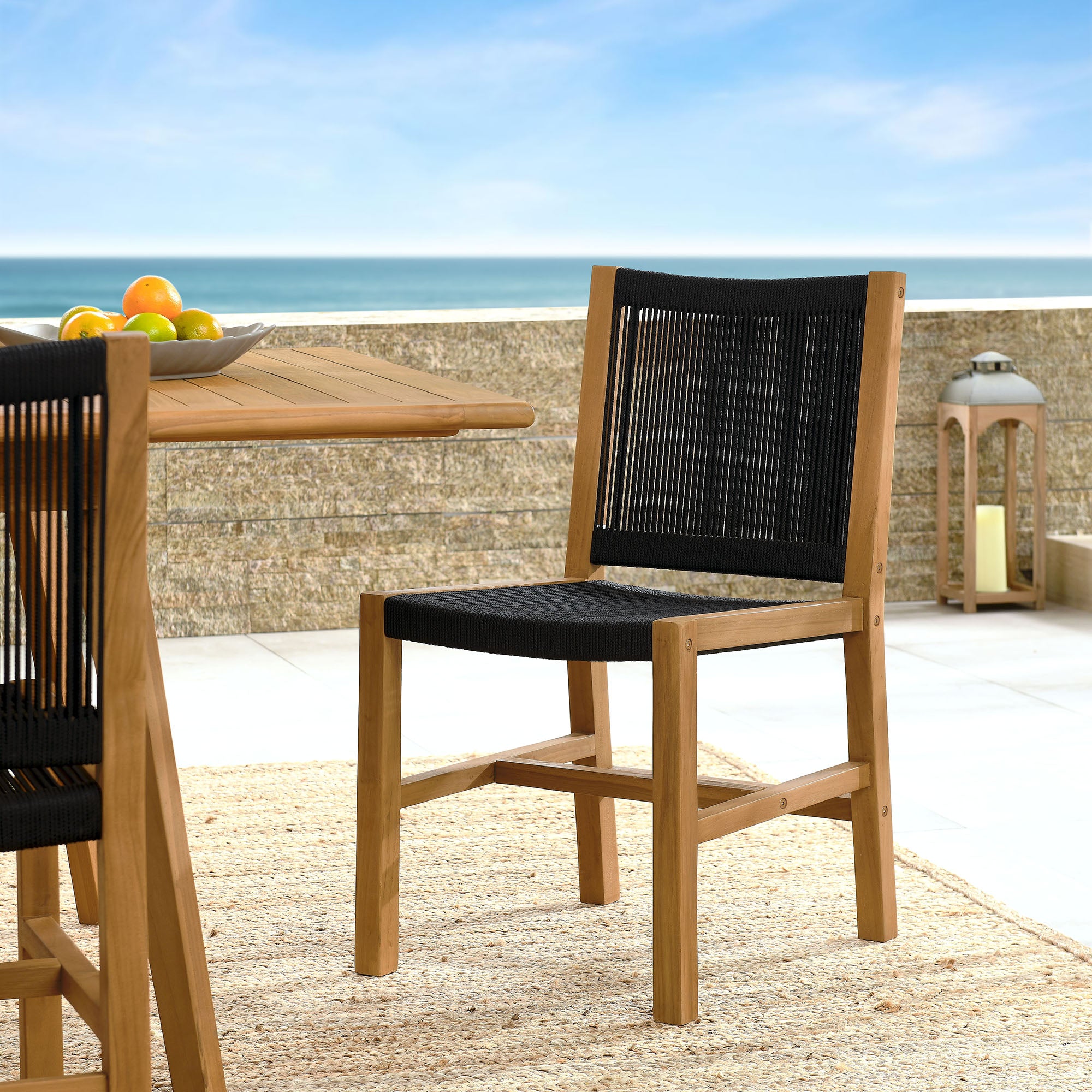 Vienna Outdoor Patio Teak and Rope Armless Dining Chairs Set of 2, Natural Black