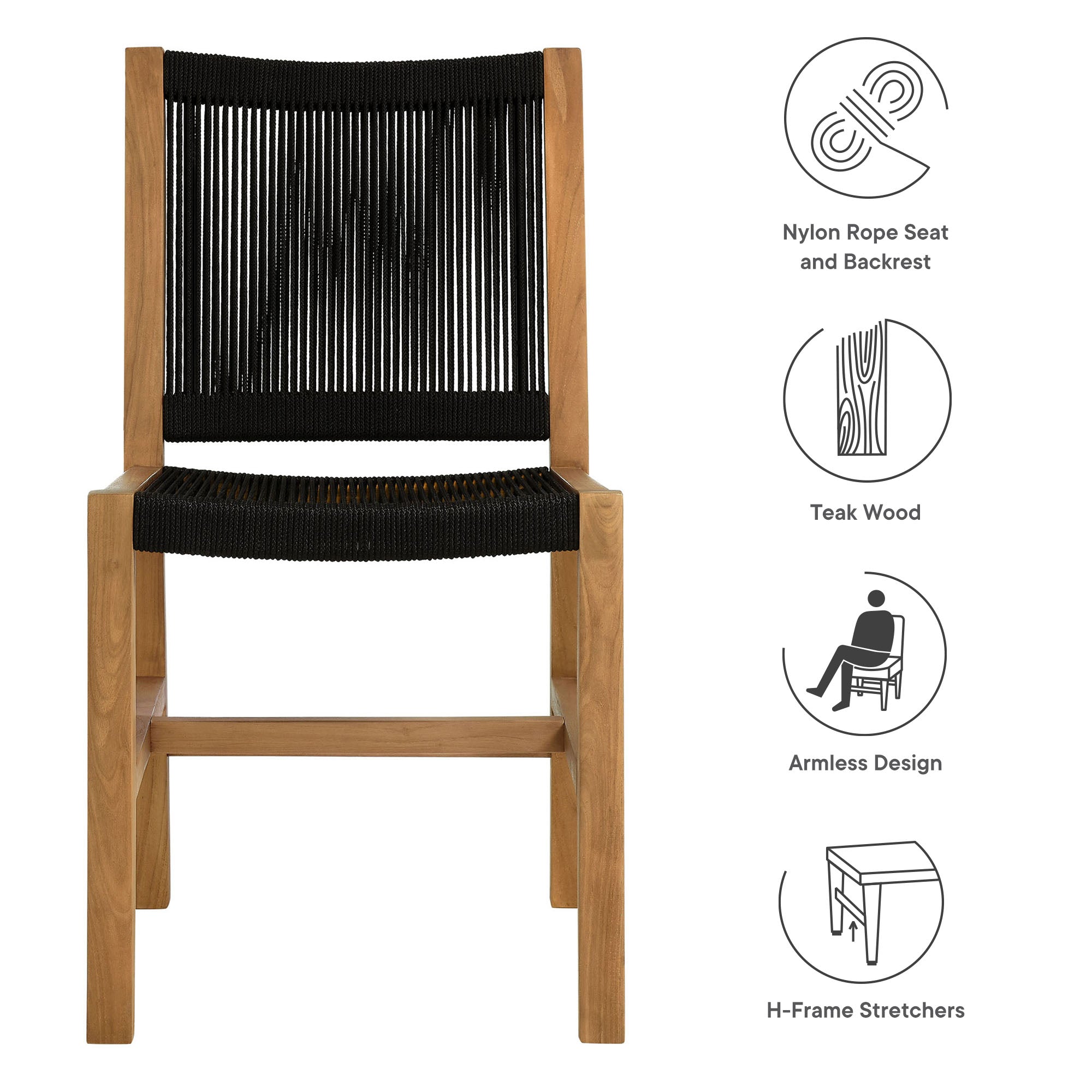 Vienna Outdoor Patio Teak and Rope Armless Dining Chairs Set of 2, Natural Black