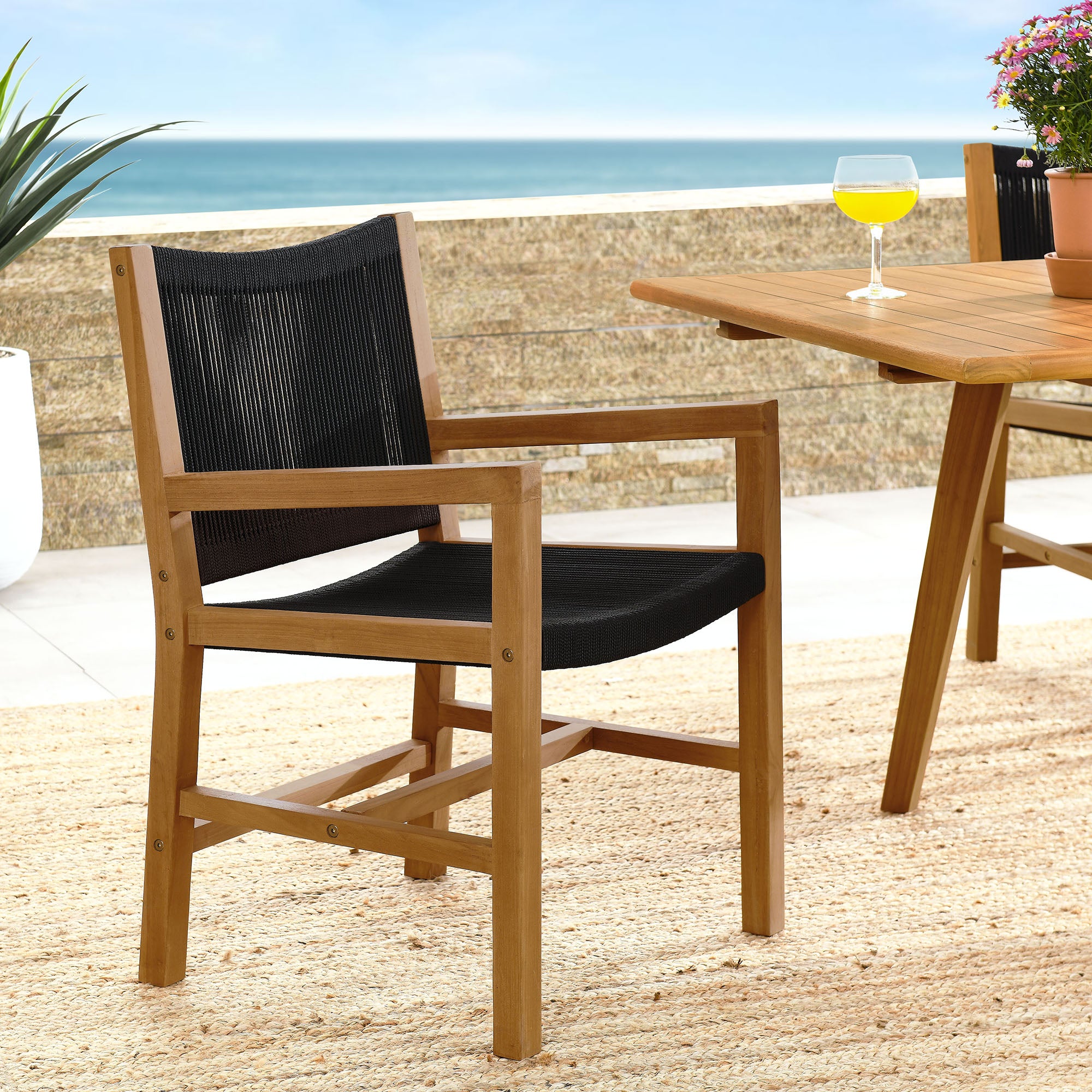 Vienna Outdoor Patio Teak and Rope Dining Armchairs Set of 2, Natural Black