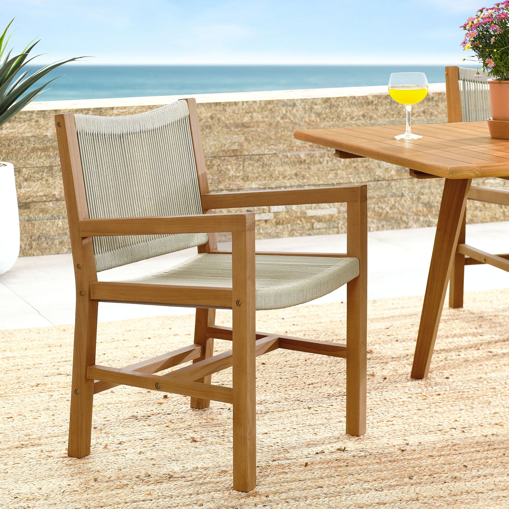 Vienna Outdoor Patio Teak and Rope Dining Armchairs Set of 2, Natural Natural