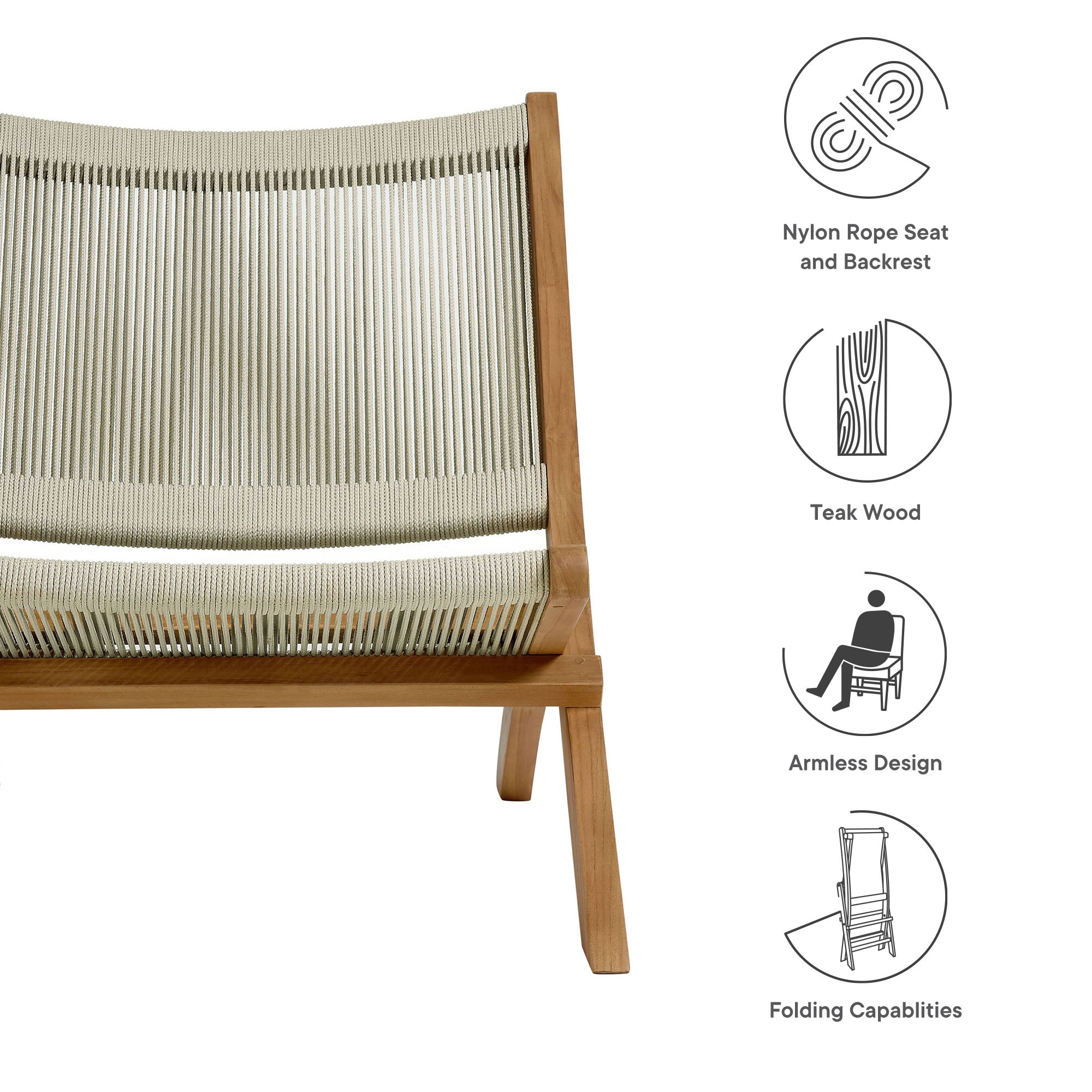 Vienna Outdoor Patio Teak and Rope Folding Accent Lounge Chair, Natural Natural